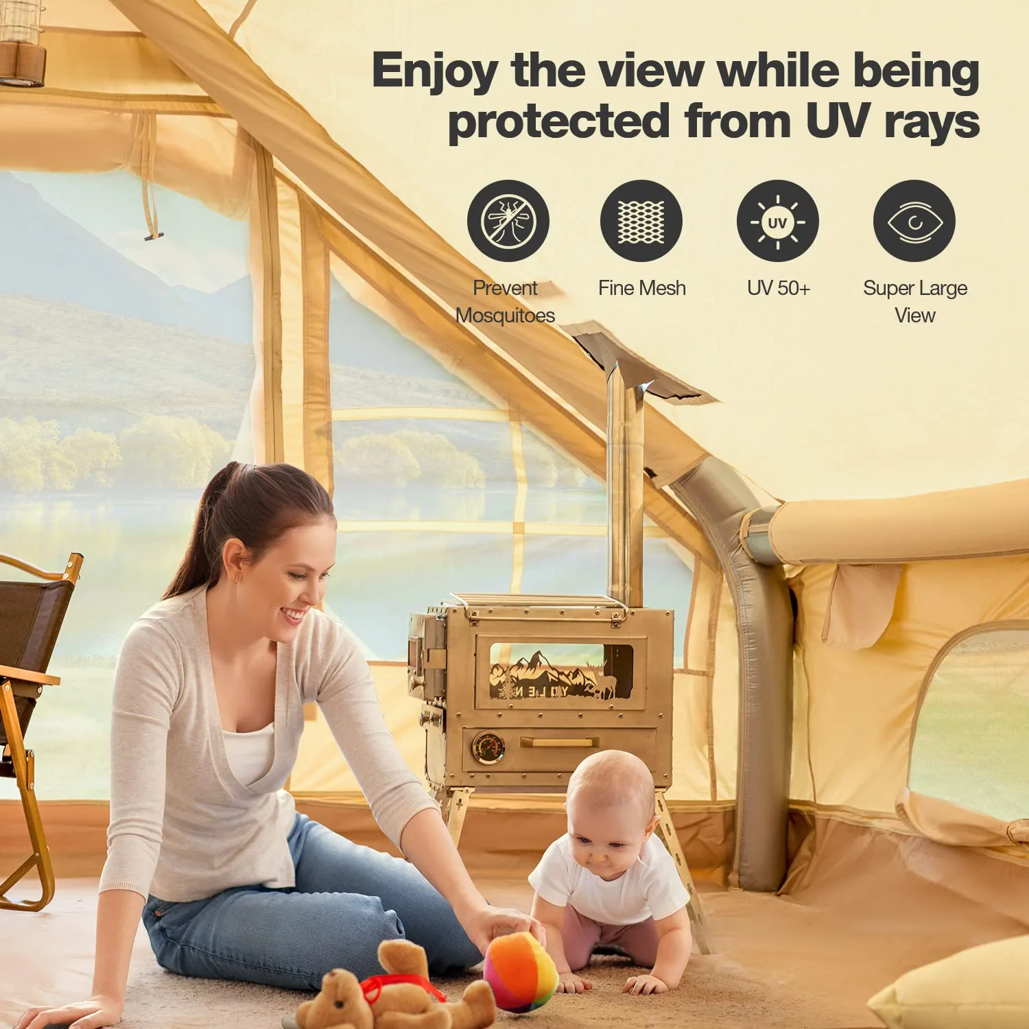 Richryce Inflatable Camping Tent with Pump, 129 SFT Cabin Tent, 4-6 Person Glamping Tents, Waterproof Windproof Outdoor Cotton Tent with Carrying Bag - Womvr