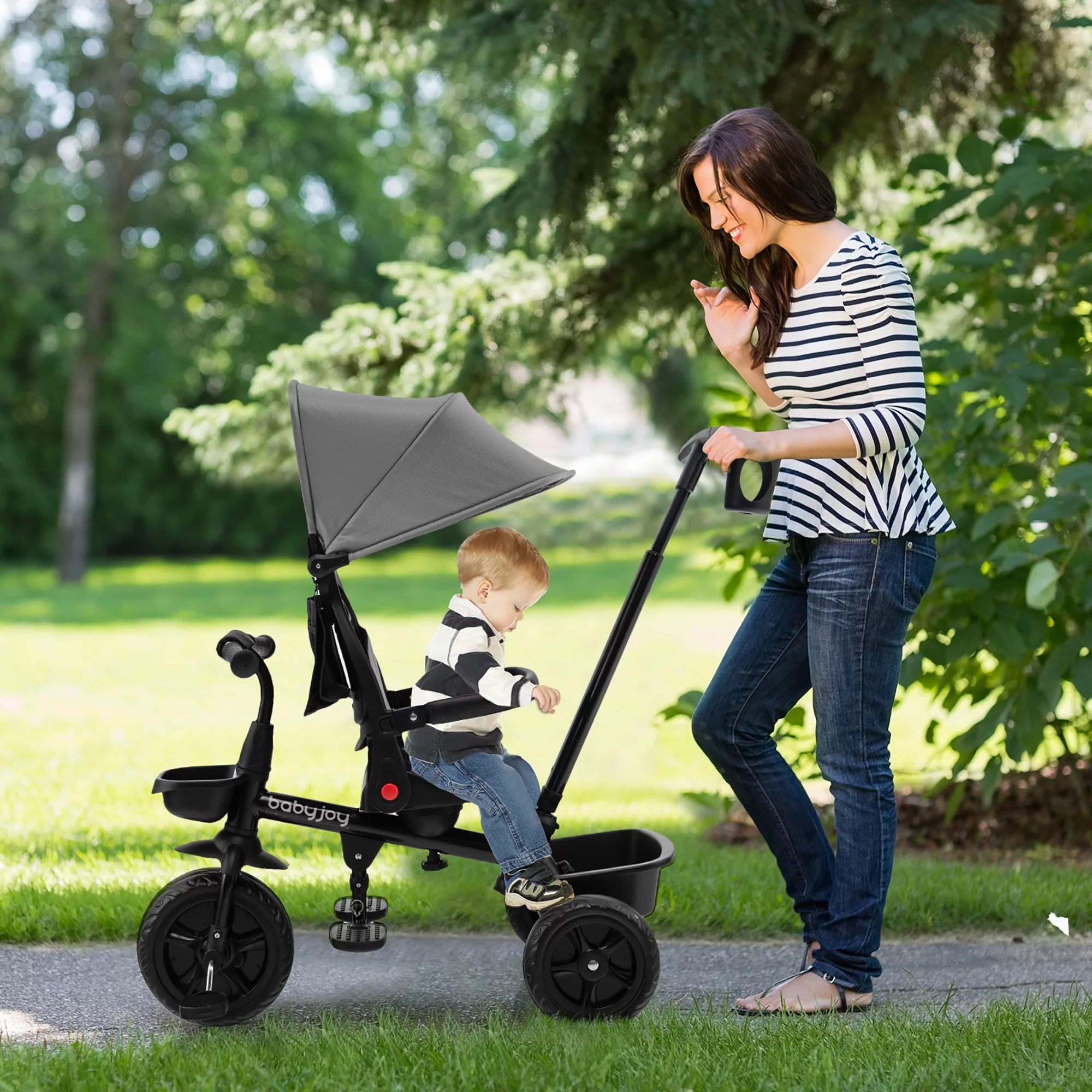 Babyjoy 4-in-1 Toddler Tricycle Reversible Baby Trike W/ Height Adjustable Push Handle - Womvr