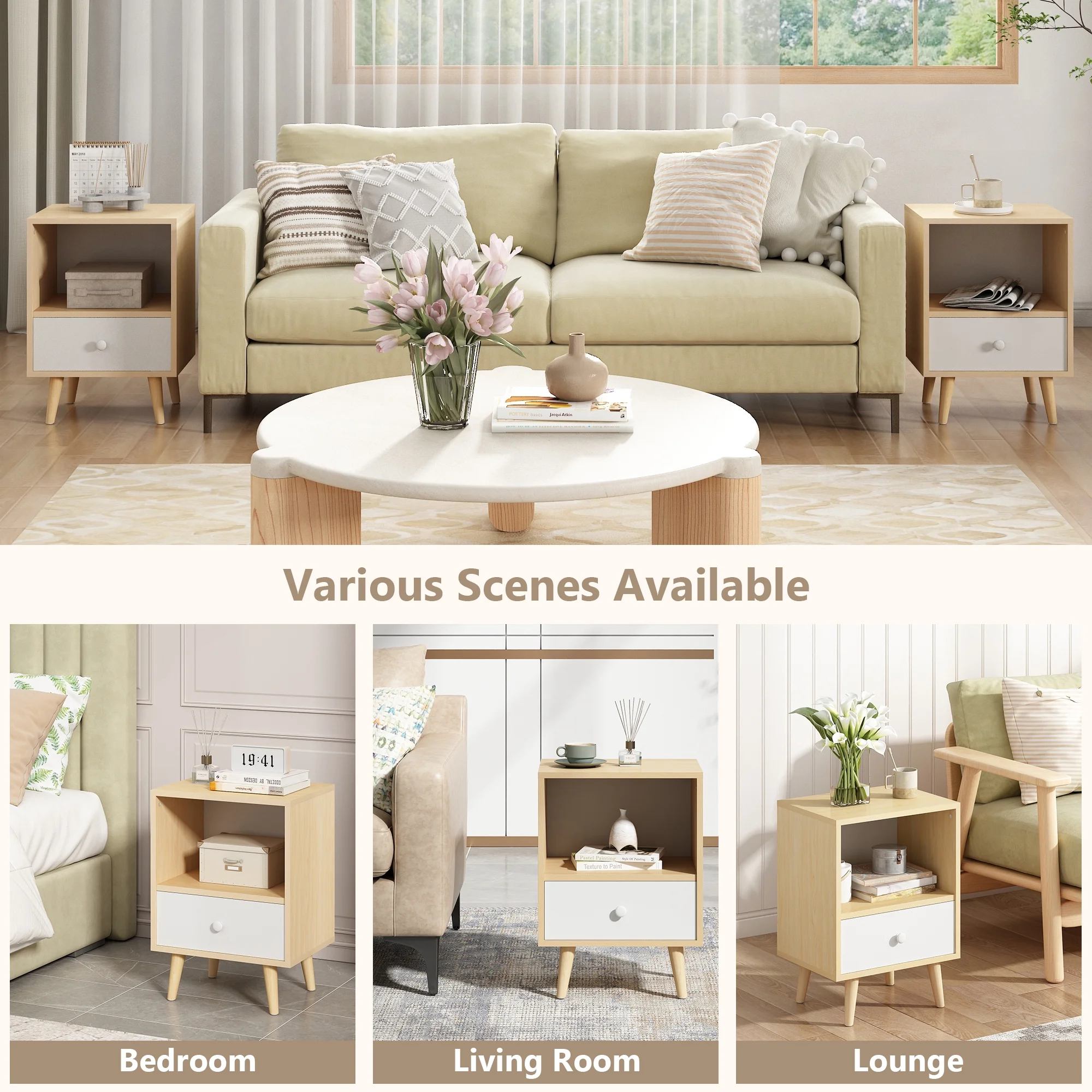 JAXPETY Nightstands Set of 2, Night Stand with 1 Drawer and Open Shelf Storage, End Table, Side Table, for Bedroom, Living Room, Natural Wood & White - Womvr