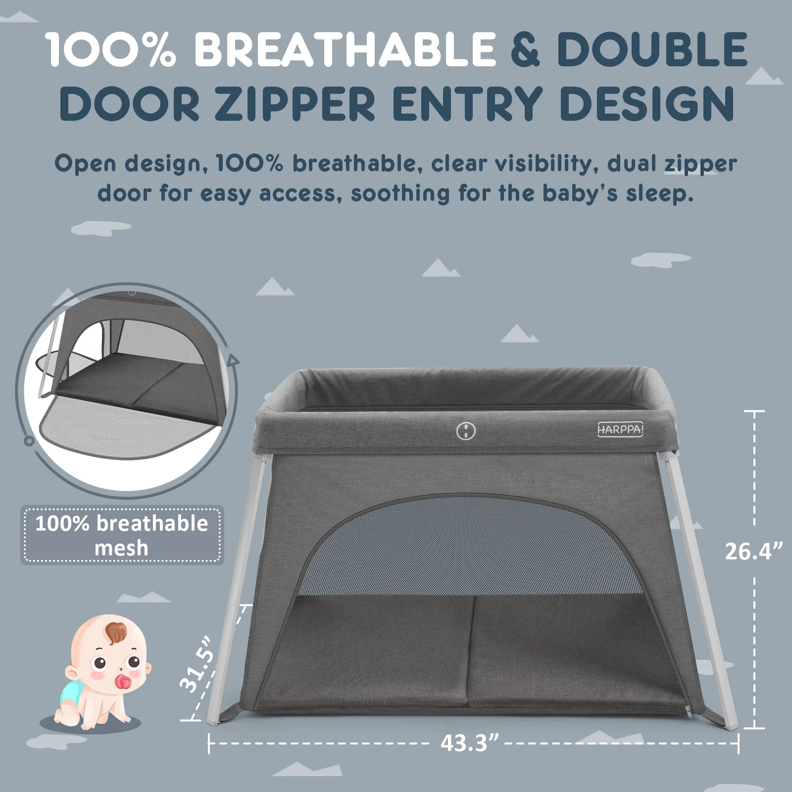 HARPPA Portable Travel Crib for Baby, Foldable Travel Playard with Mattress, Lightweight, Black - Womvr