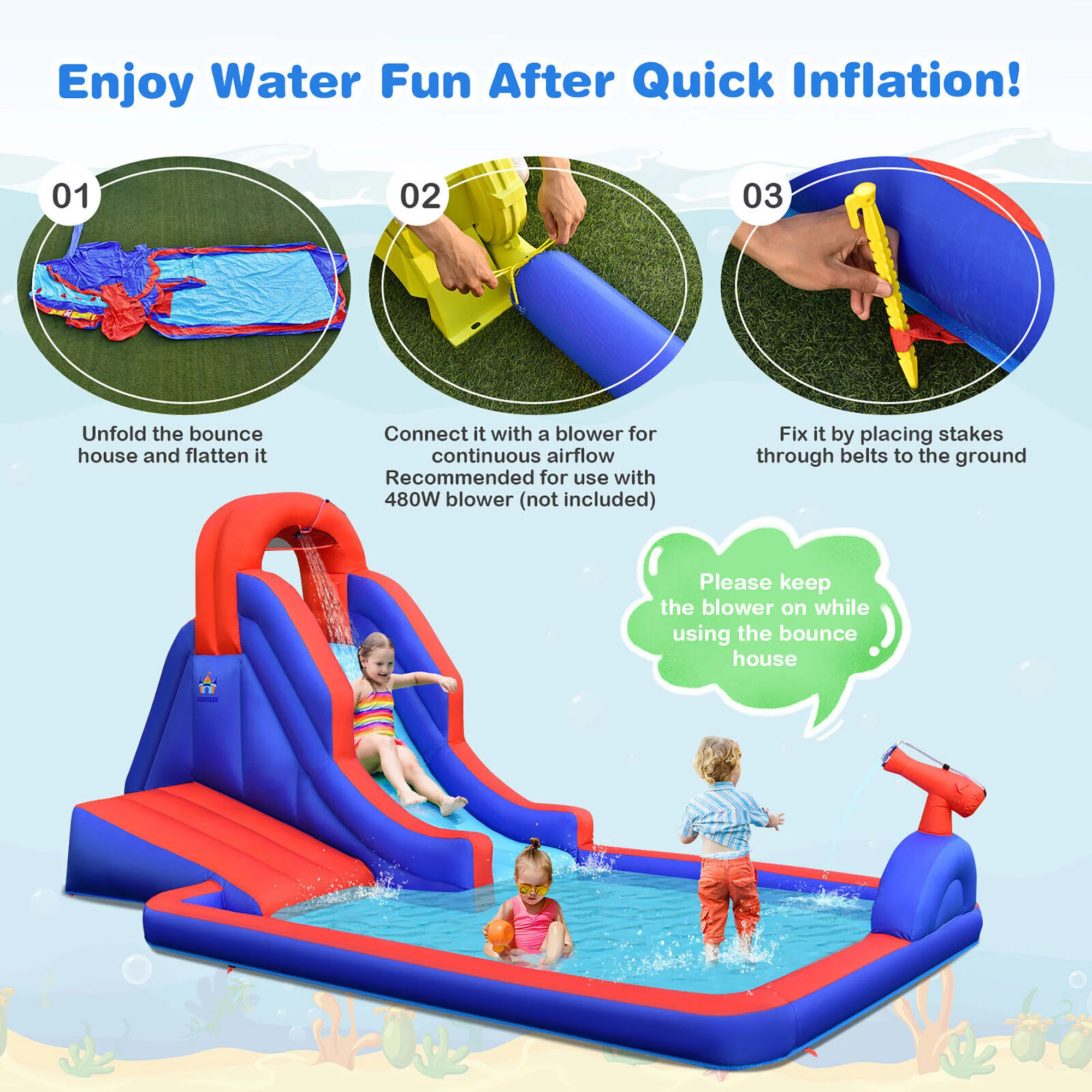 Gymax Inflatable Water Slide Park w/ Climb Slide Pool & 2 Swim Rings Blower Excluded - Womvr