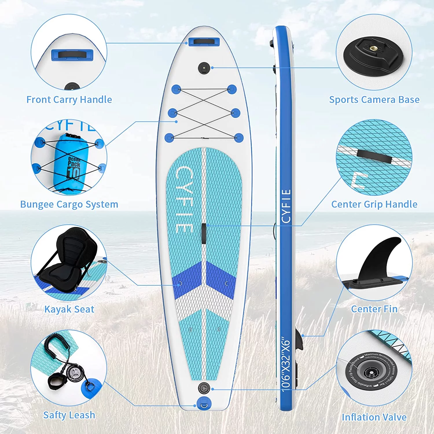 Paddle Board for Adult, Inflatable Surfboard Fishing Standup Cyfie Paddle Board 10.6 ft - Womvr