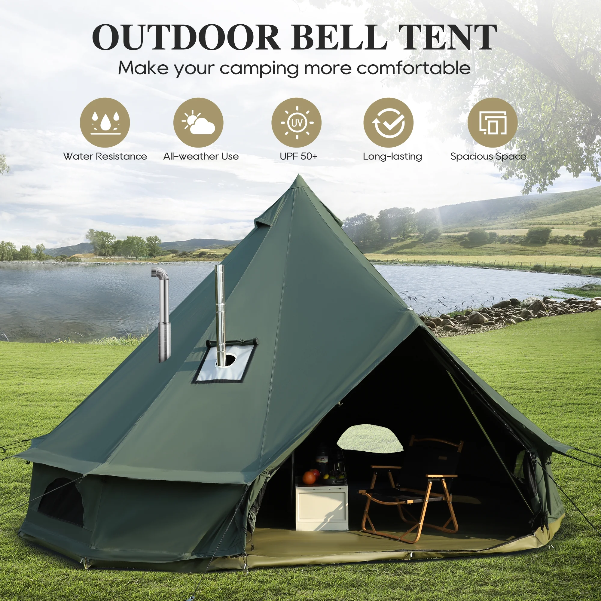 LVUYOYO Bell Tent for Camping, Cotton Canvas Bell Tent with Stove Jack, Outdoor Canvas Bell Tent for Family Glamping Camping, 4 Season Tent with Zipped Removable Floor,5M,Green - Womvr