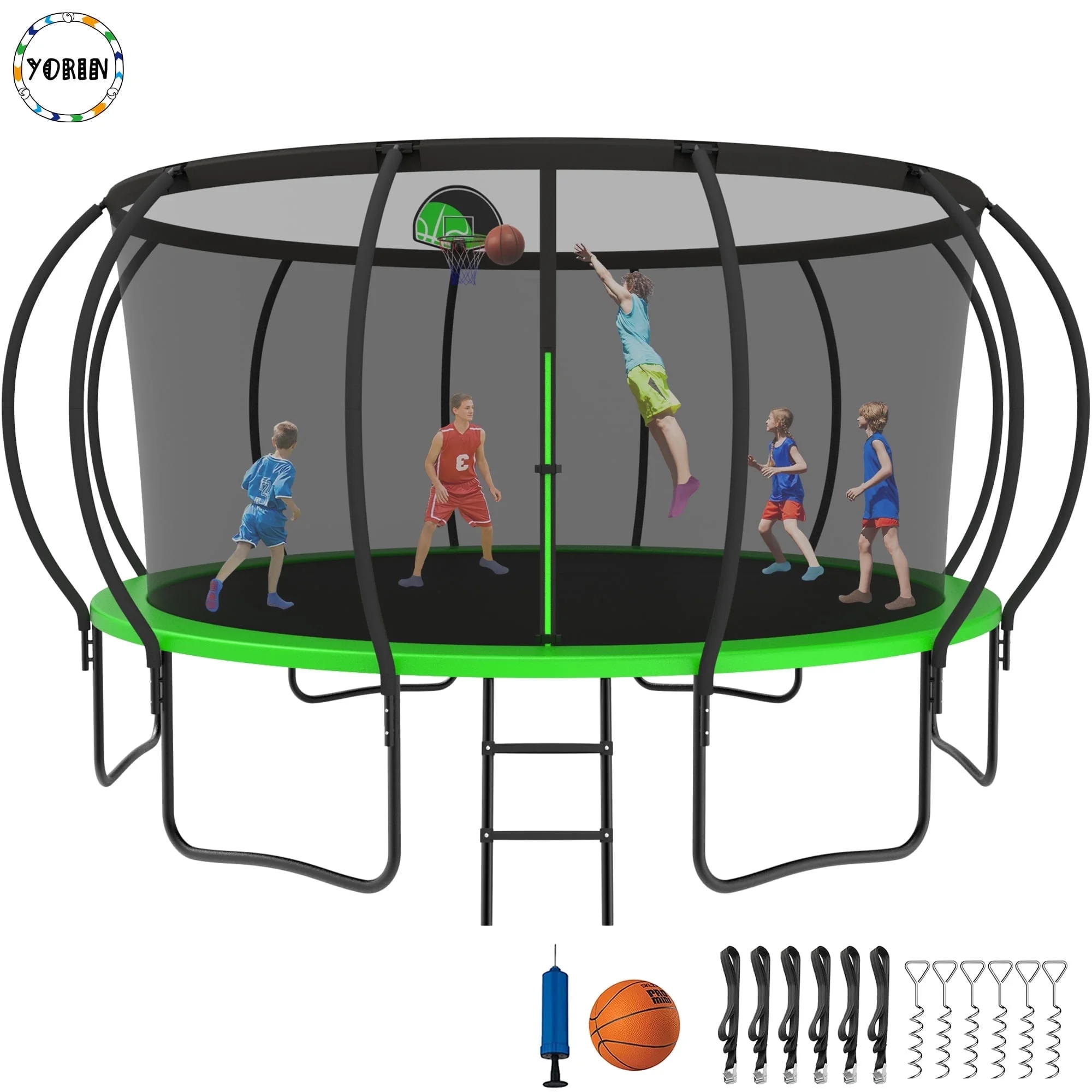 YORIN Trampoline for 7-8 Kids, 14 FT Trampoline for Adults with Enclosure Net, Basketball Hoop, Ladder, 1400LBS Weight Capacity Outdoor Recreational Trampoline, Heavy Duty Trampoline - Womvr