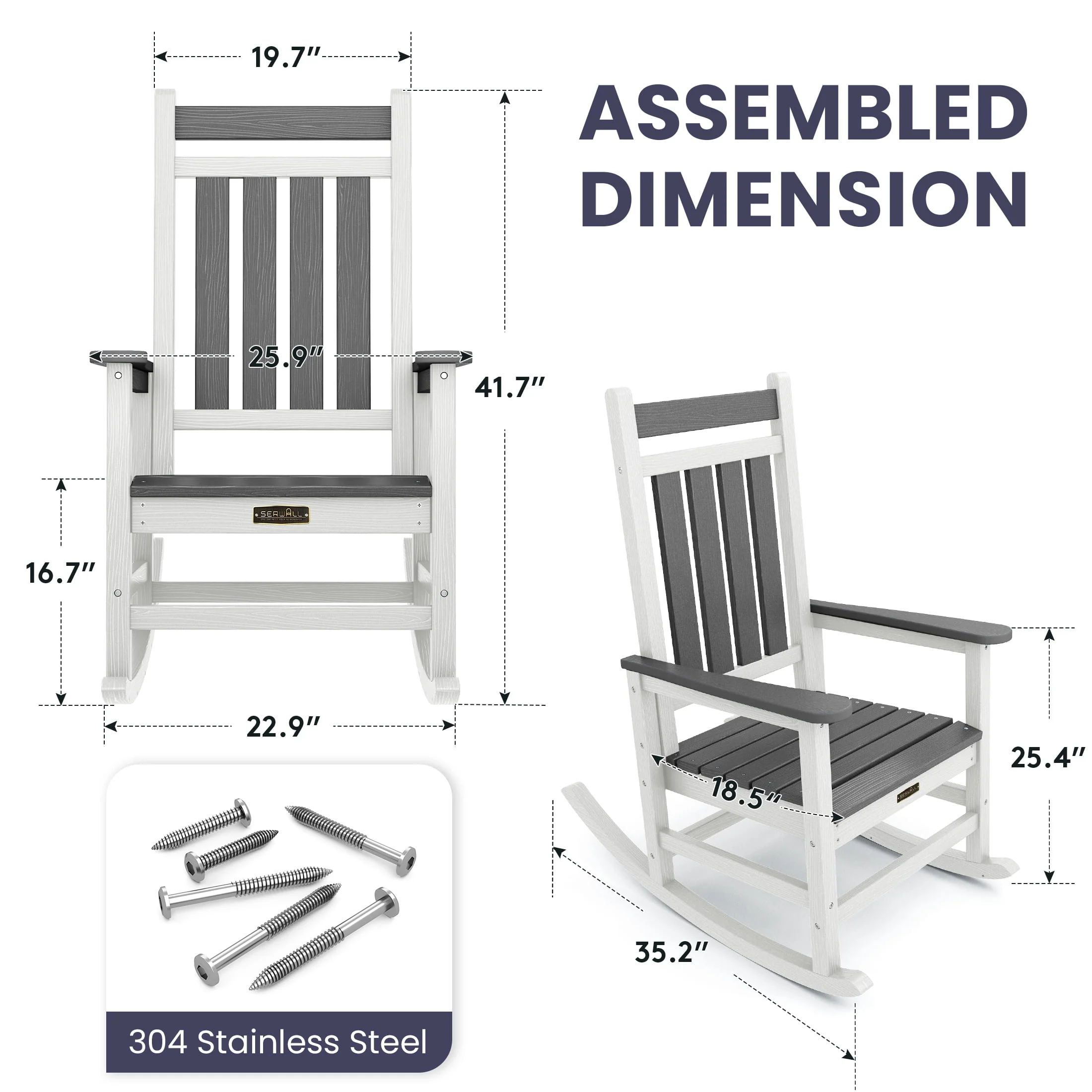 SERWALL Outdoor Oversized Slat Rocking Chair, HDPE Plastic Porch Rocker, Gray - Womvr