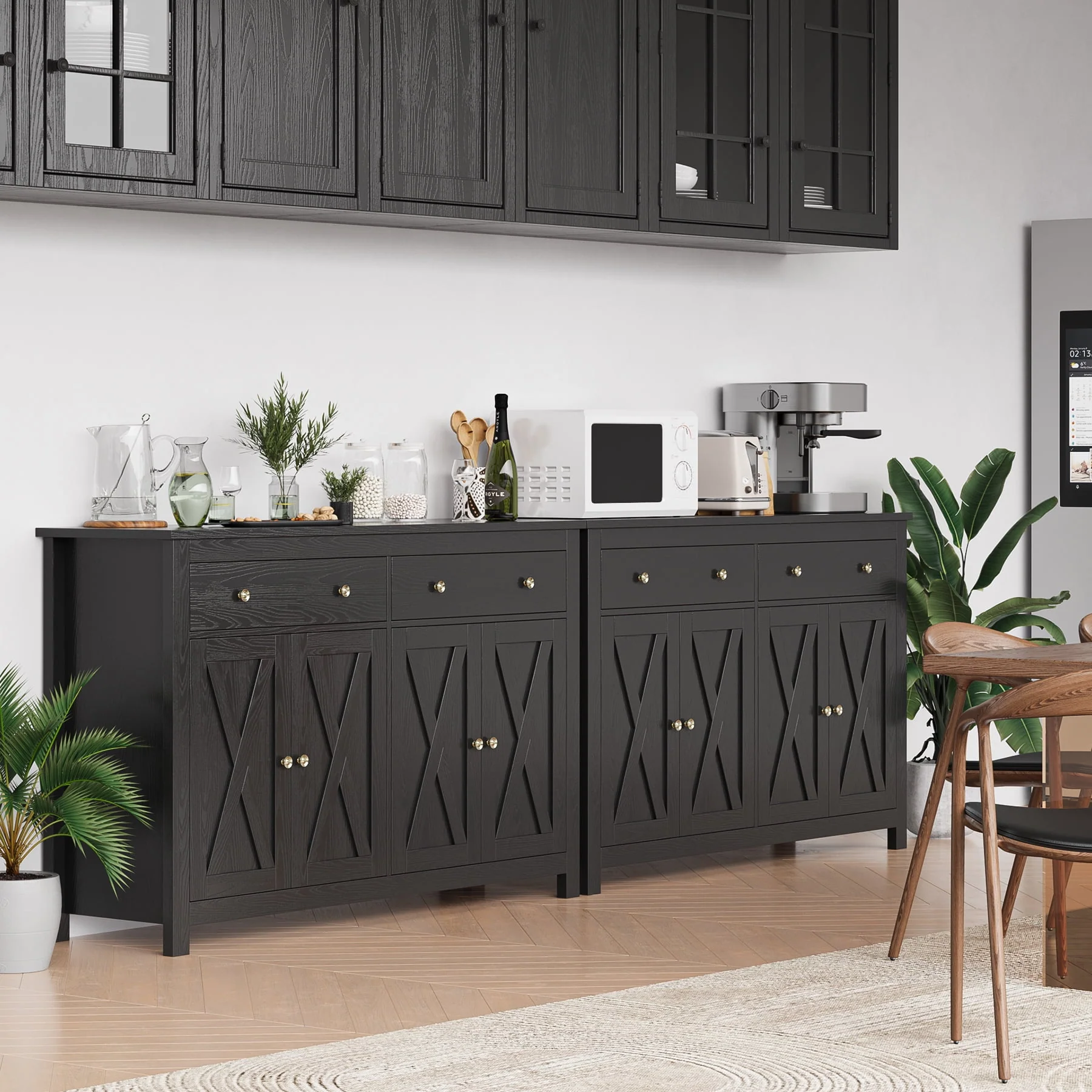 Homfa 4-Doors 2-Drawers Farmhouse Storage Cabinet, Wood Sideboard with Adjustable Shelves for Kitchen Dining Room, White - Womvr