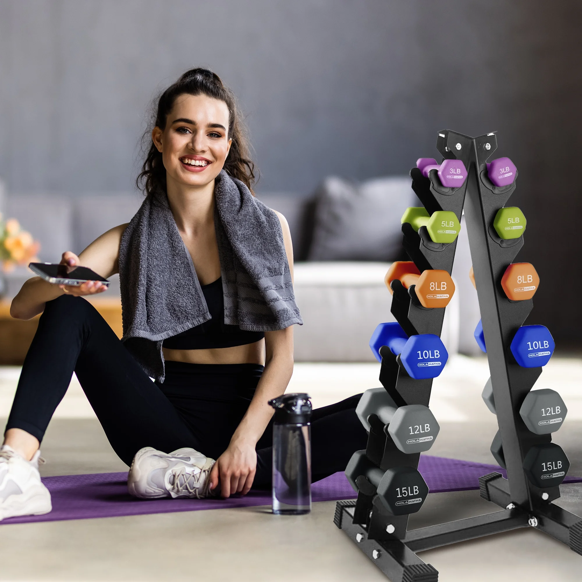 HolaHatha 3, 5, 8, 10, 12 & 15 Pound Neoprene Dumbbell Weight Set with Rack - Womvr