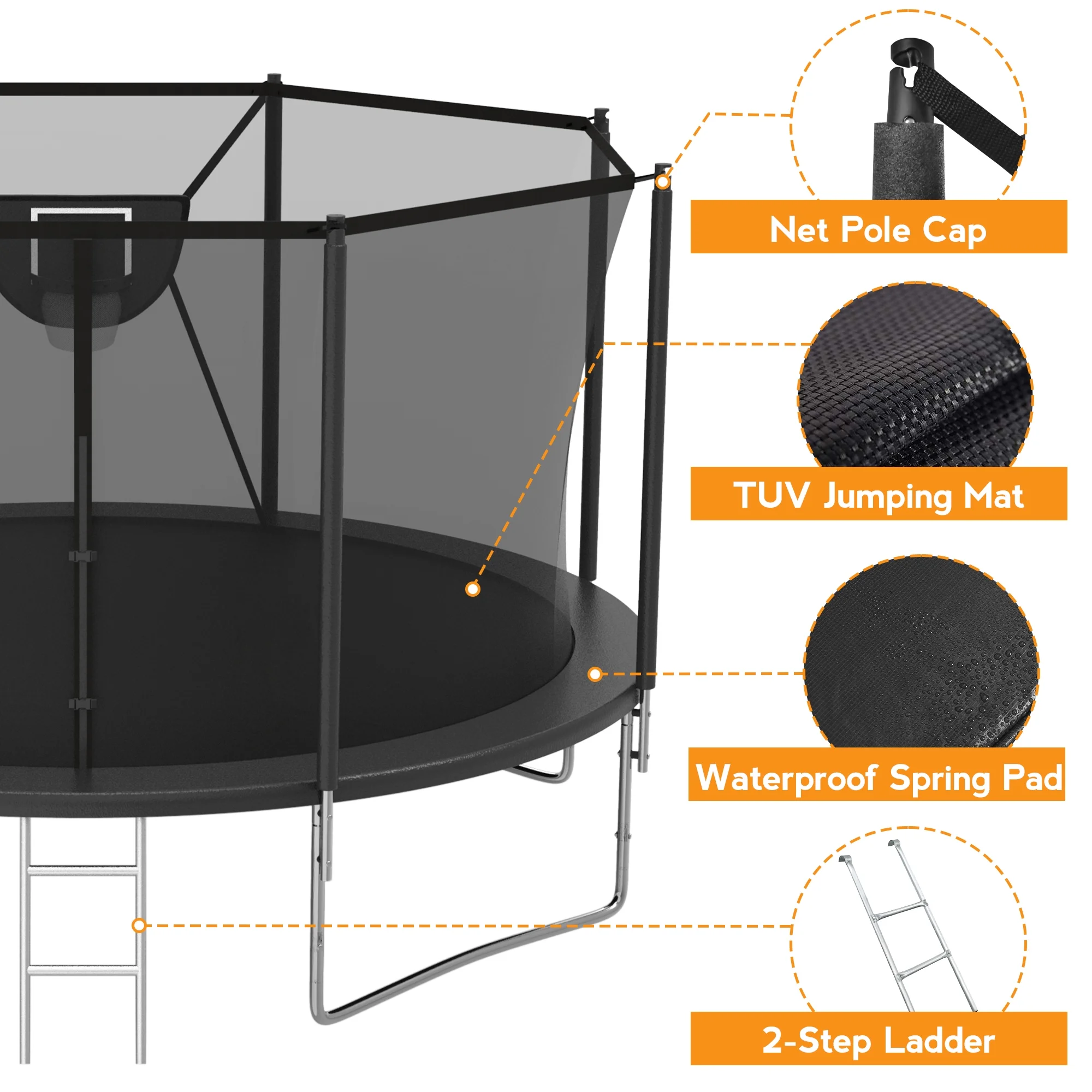 KOFUN Trampoline with Adjustable Basketball Hoop & Light, 1500lbs 10FT 12FT 14FT 16FT Trampoline for Adults and Kids, No Gap Design Backyard Trampoline with Enclosure Net, Ladder, Green - Womvr