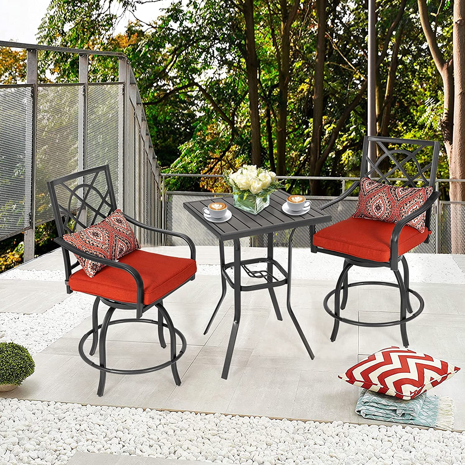 SOLAURA 3 Pieces Outdoor Patio Bar Height Bistro Set with Metal Swivel Bar Stools and Height Table, Black - Womvr