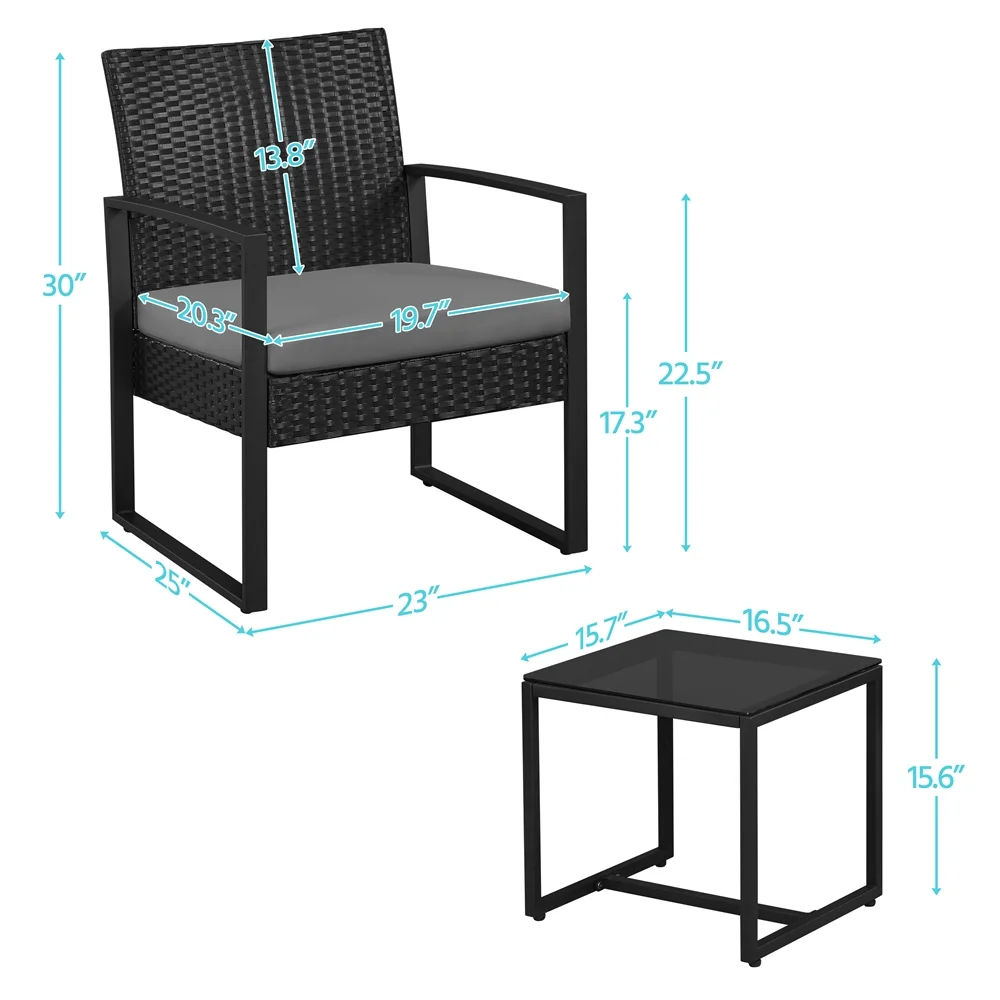Yaheetech Modern 3-piece Patio Rattan Chairs & Table Set with Cushions, Black/Gray - Womvr