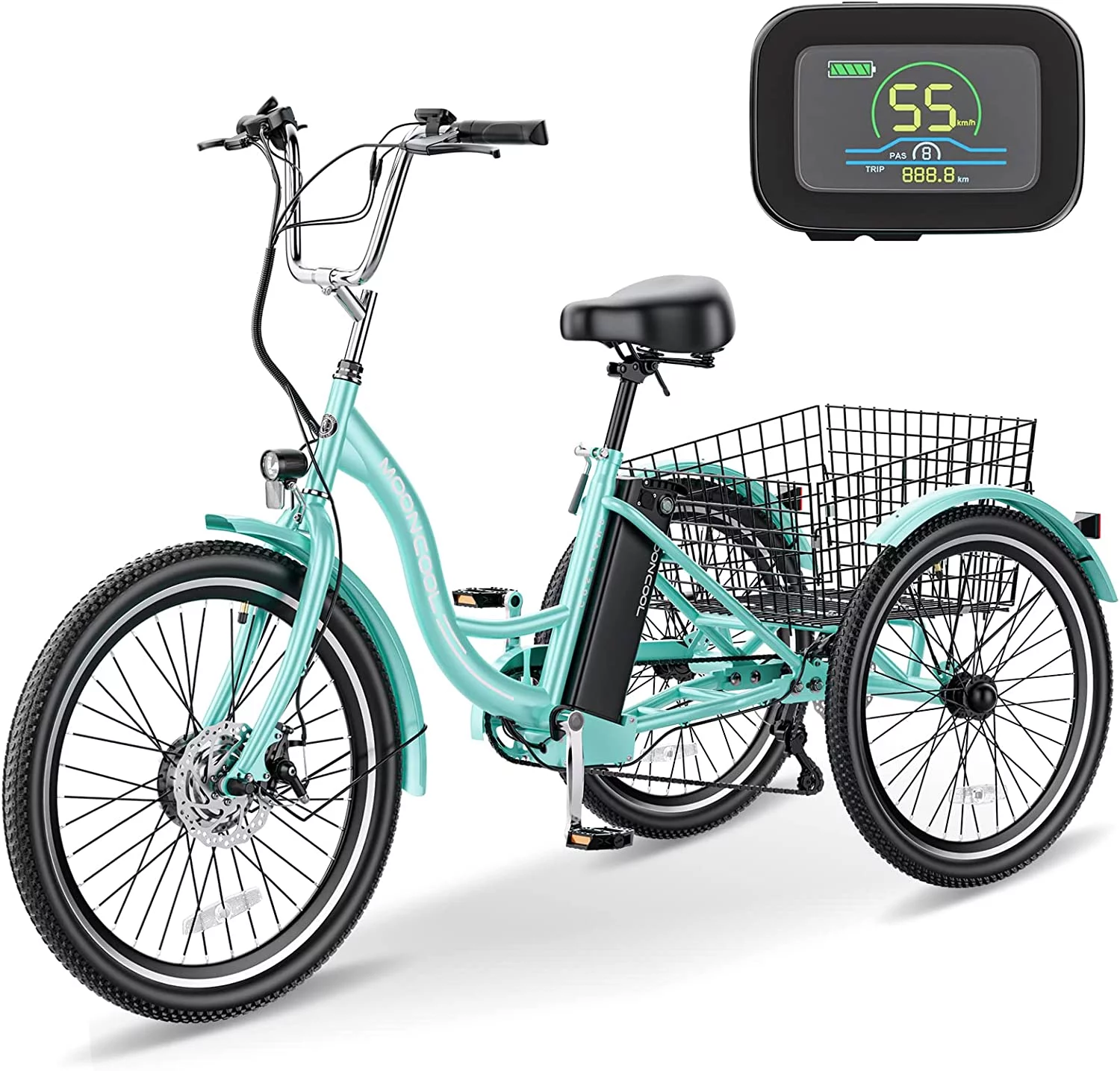 MOONCOOL 350W Motorized Electric Trike, 7 Speed 3 Wheel Electric Bicycle with 36V 14.5Ah Lithium Battery UL Certified, 24