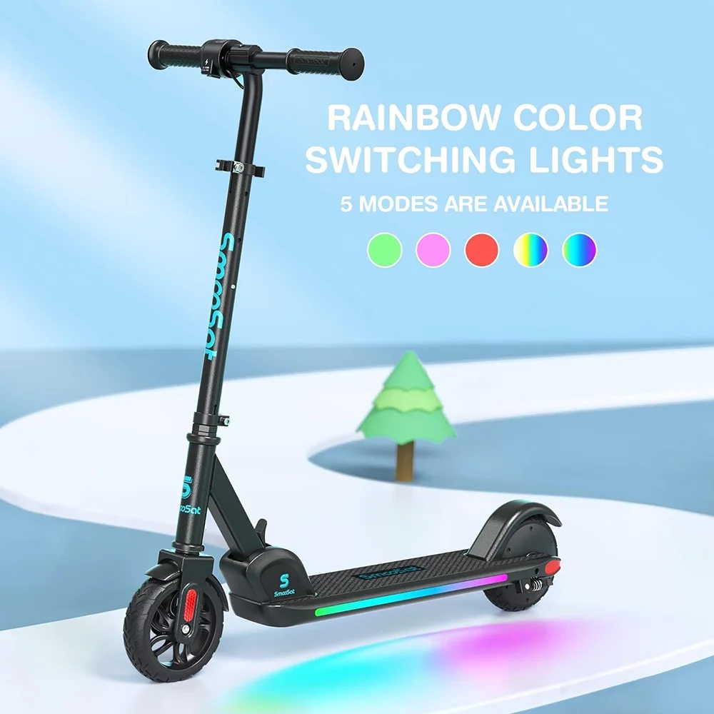 Electric Scooter for Kids, Foldable Scooter with Colourful Rainbow Light and LED Display, Adjustable Speed and Height Black - Womvr