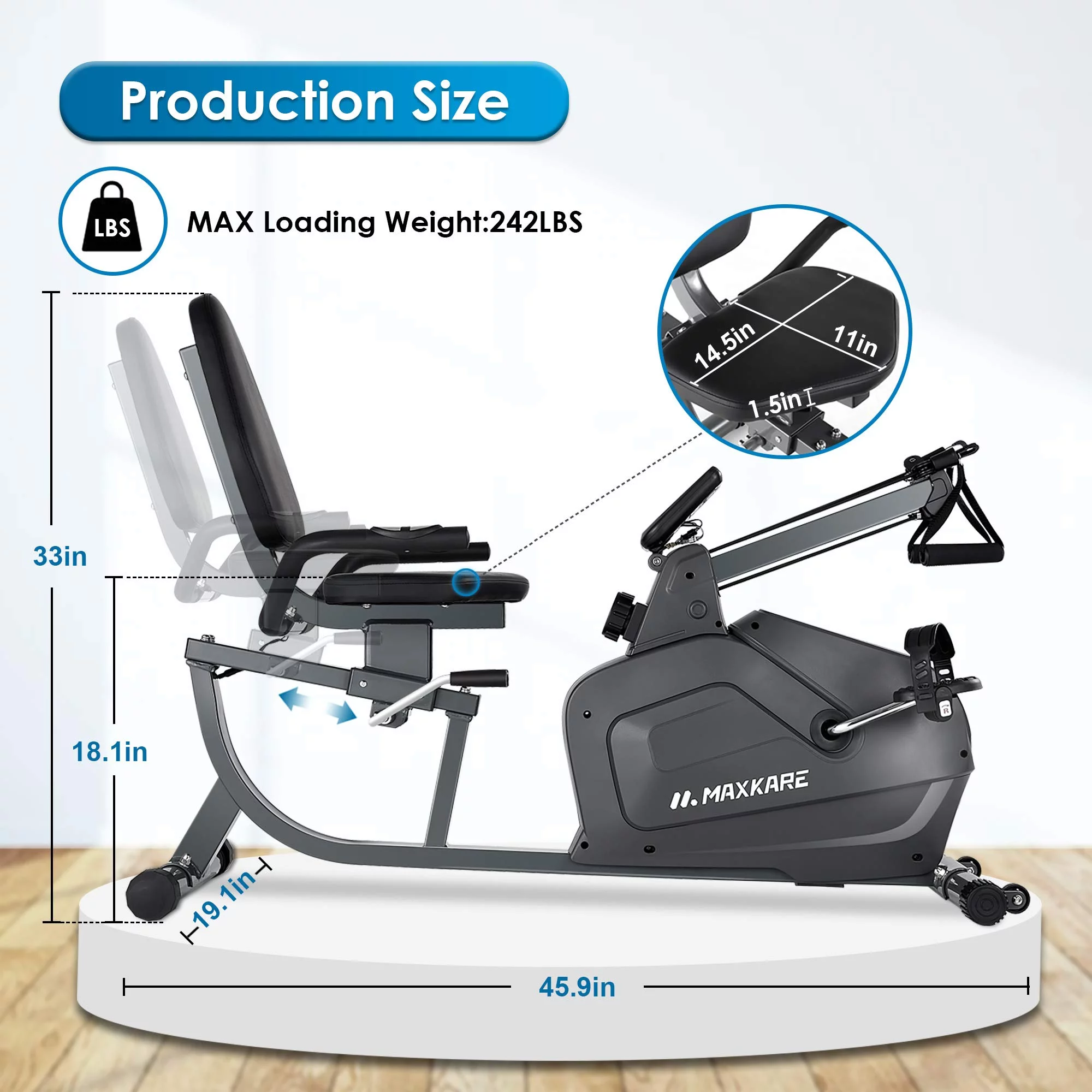 MaxKare Recumbent Exercise Bike with Arm Resistance Bands 8 Level Adjustable Magnetic Resistance Adjustable Seat, Max Weight 242lbs - Womvr
