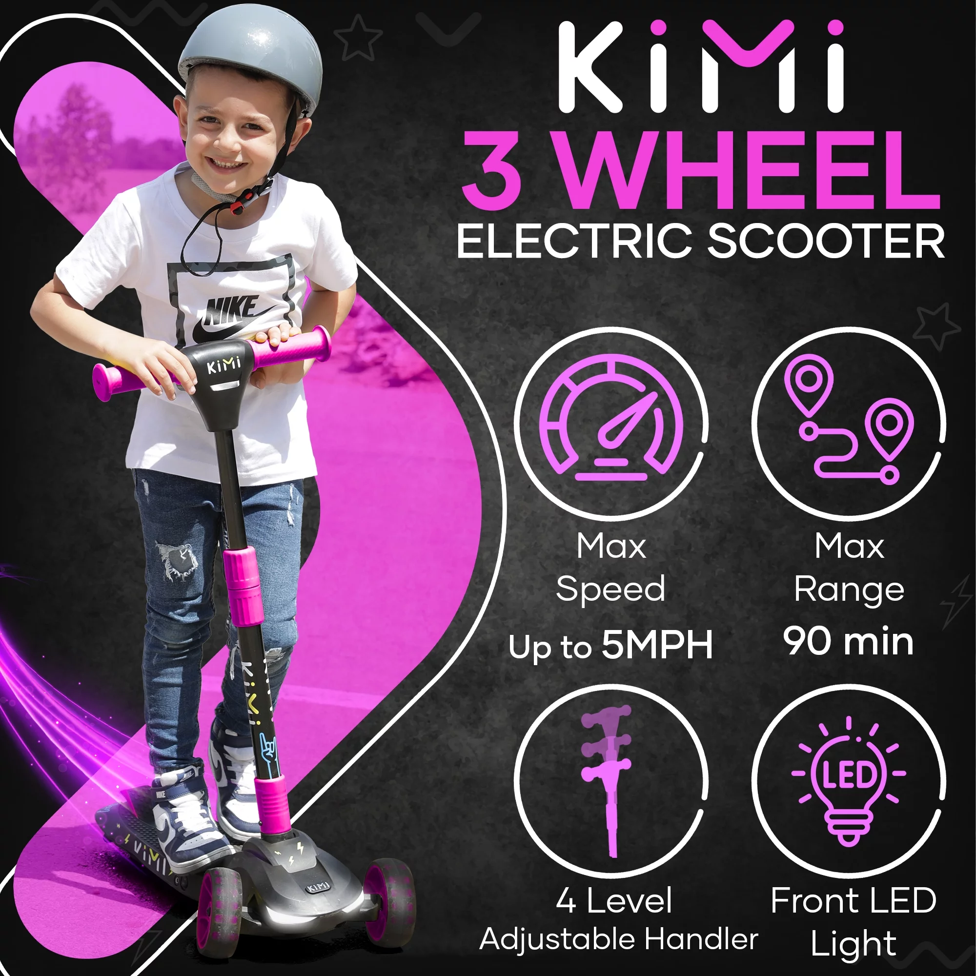 Kimi Kids 3-Wheel Electric Scooter, Ages 2-9, 5Mph, Lights, 10 Miles Range - Womvr