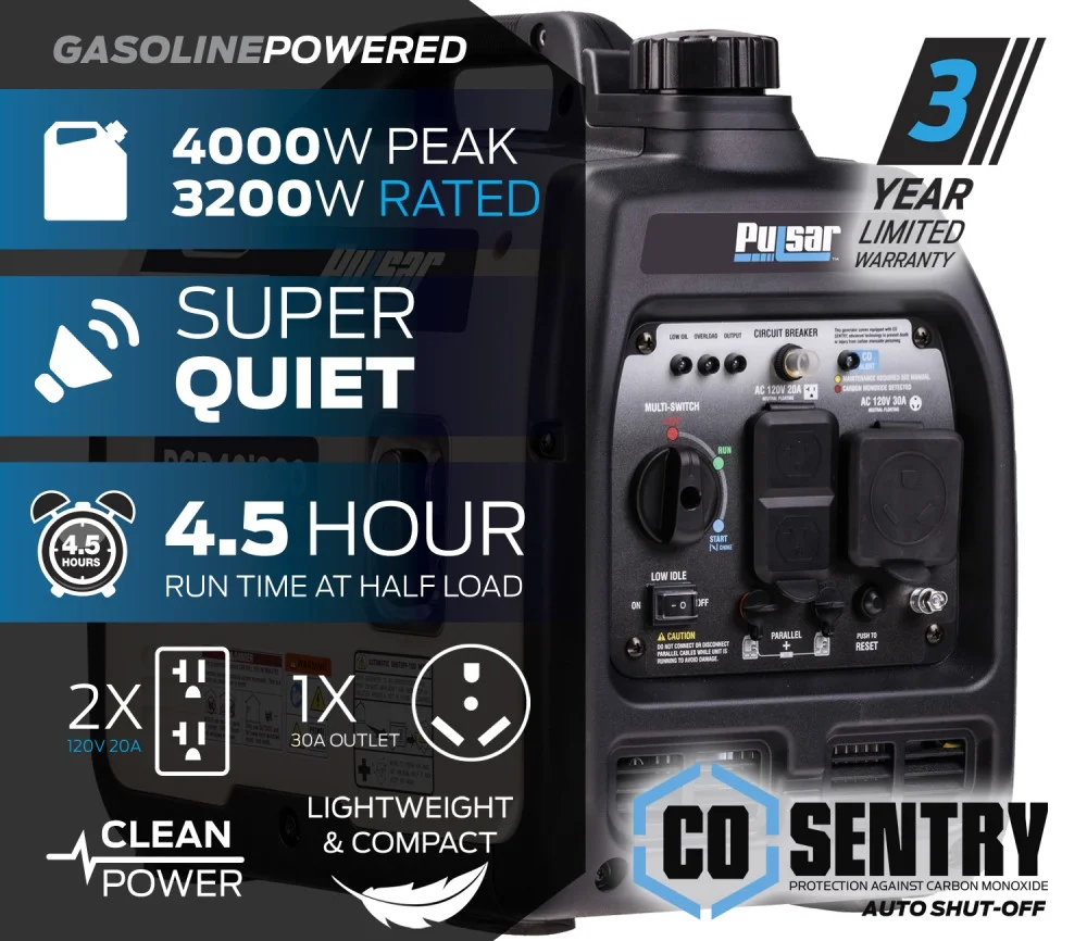 Pulsar 4000-Watt Super Quiet Gas Powered Inverter Generator with CO Sentry - Womvr