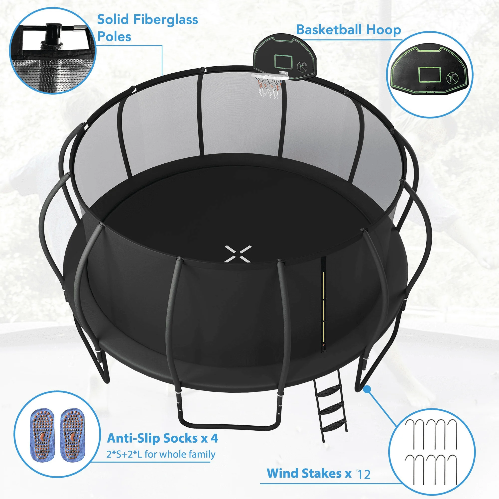 Jump Into Fun Trampoline 12FT 14FT 15FT 16FT, 1200LBS Trampoline for Adults/ 5-6 Kids, Trampoline with Enclosure, Basketball Hoop, Wind Stakes, Outdoor Upgraded Arc Pole Trampoline - Womvr