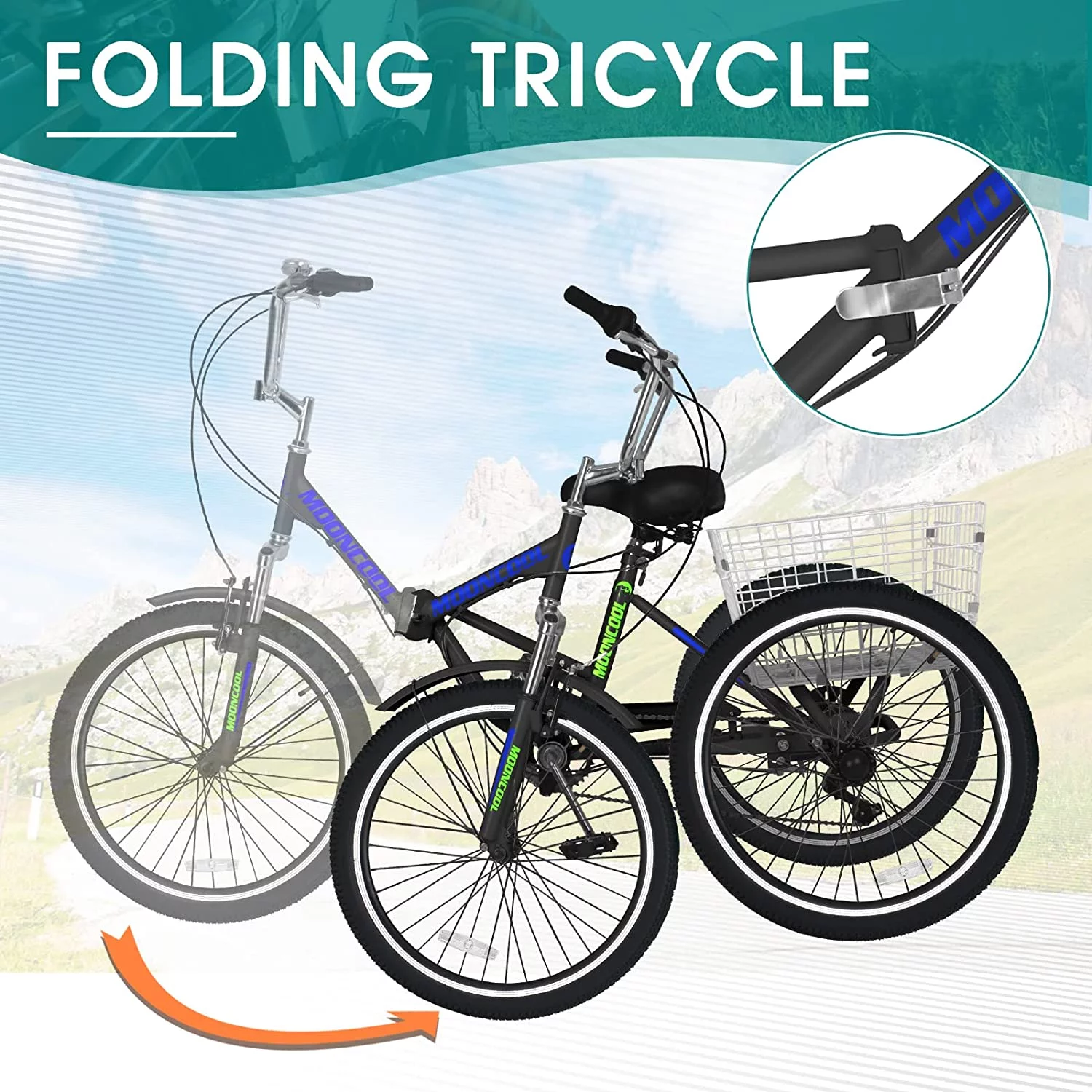 MOONCOOL Adult Folding Tricycle, 7 Speed 20/24/26 inch Adult Tricycles, Three Wheel Bike Cruiser Trike with Large Basket - Womvr