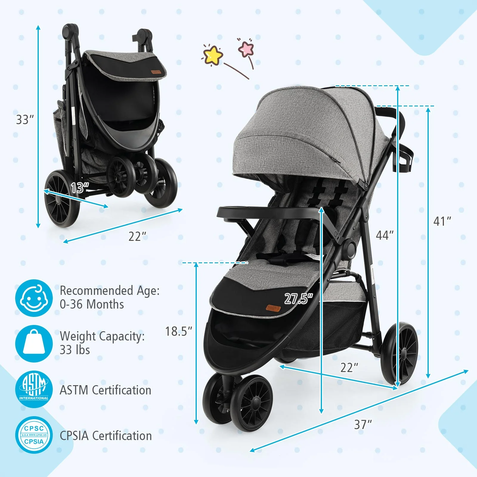 Baby Jogging Stroller Jogger Travel System w/Adjustable Canopy for Newborn Grey - Womvr