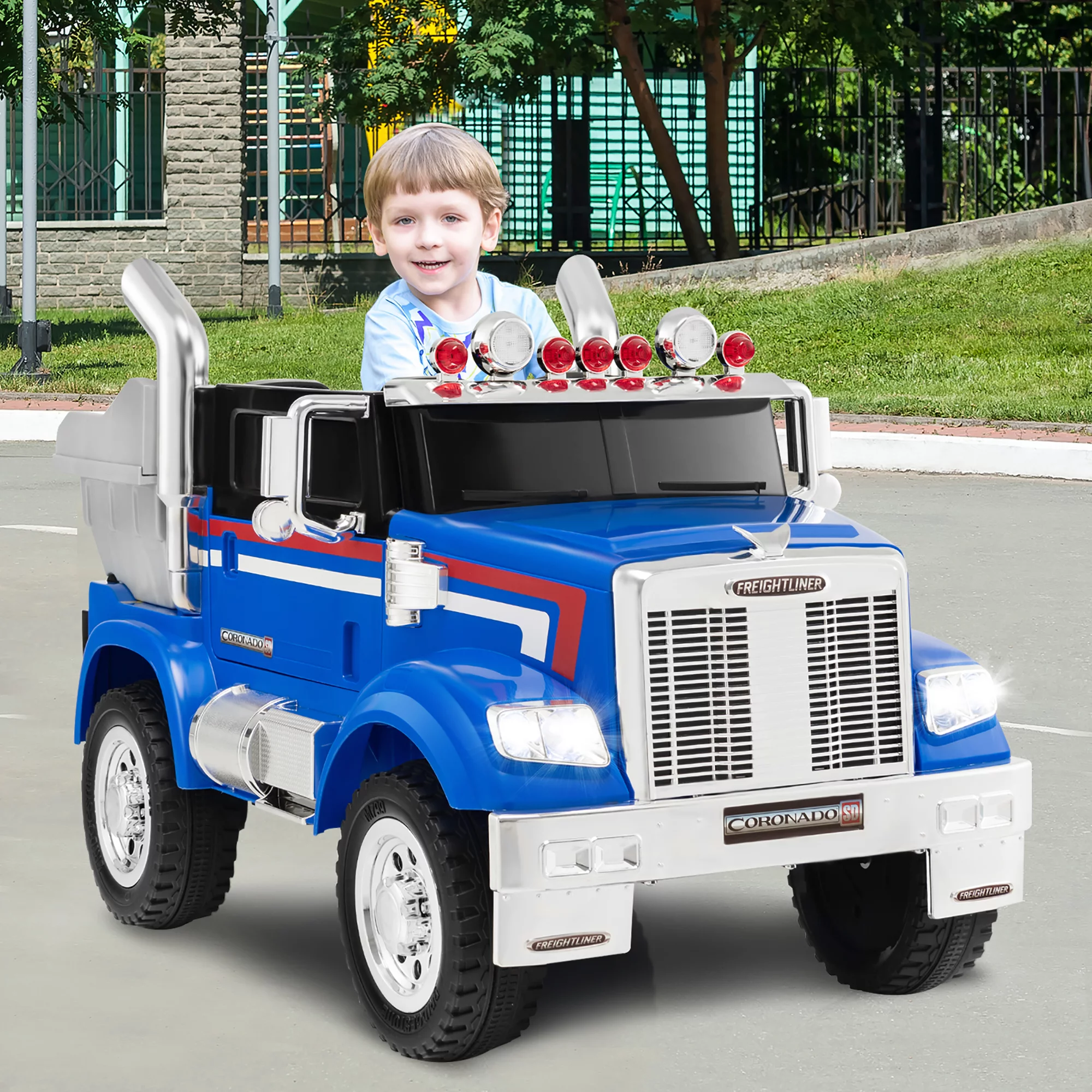 Costway 12V Licensed Freightliner Kids Ride On Truck Car RC w/ Dump Box & Lights Red - Womvr