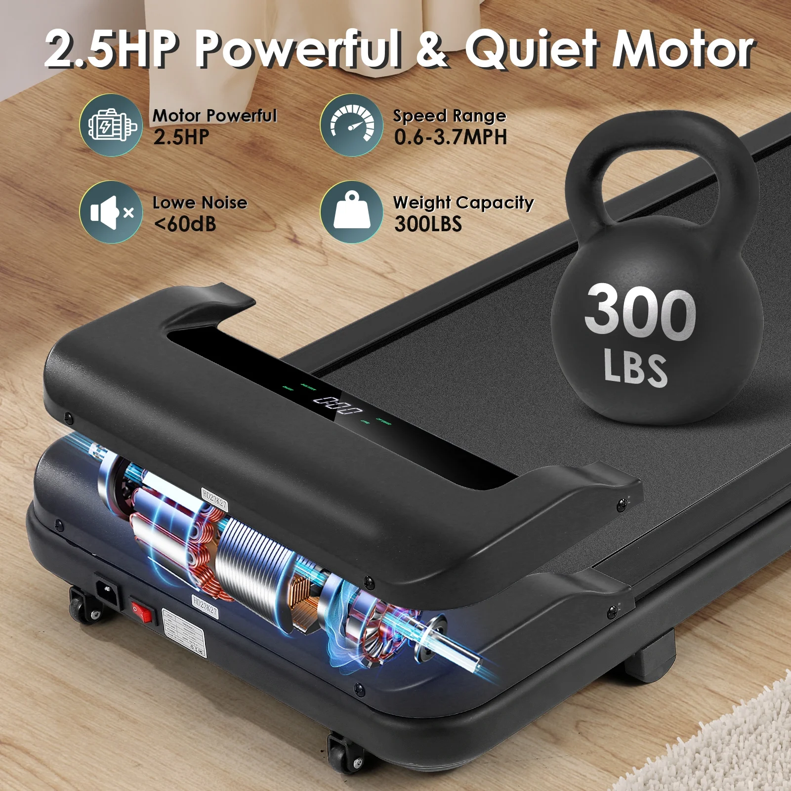 Tikmboex 2.5HP Under Desk Treadmill with LED Display Wireless Remote Control .Quiet & Compact Walking Pad for Home Office - Womvr