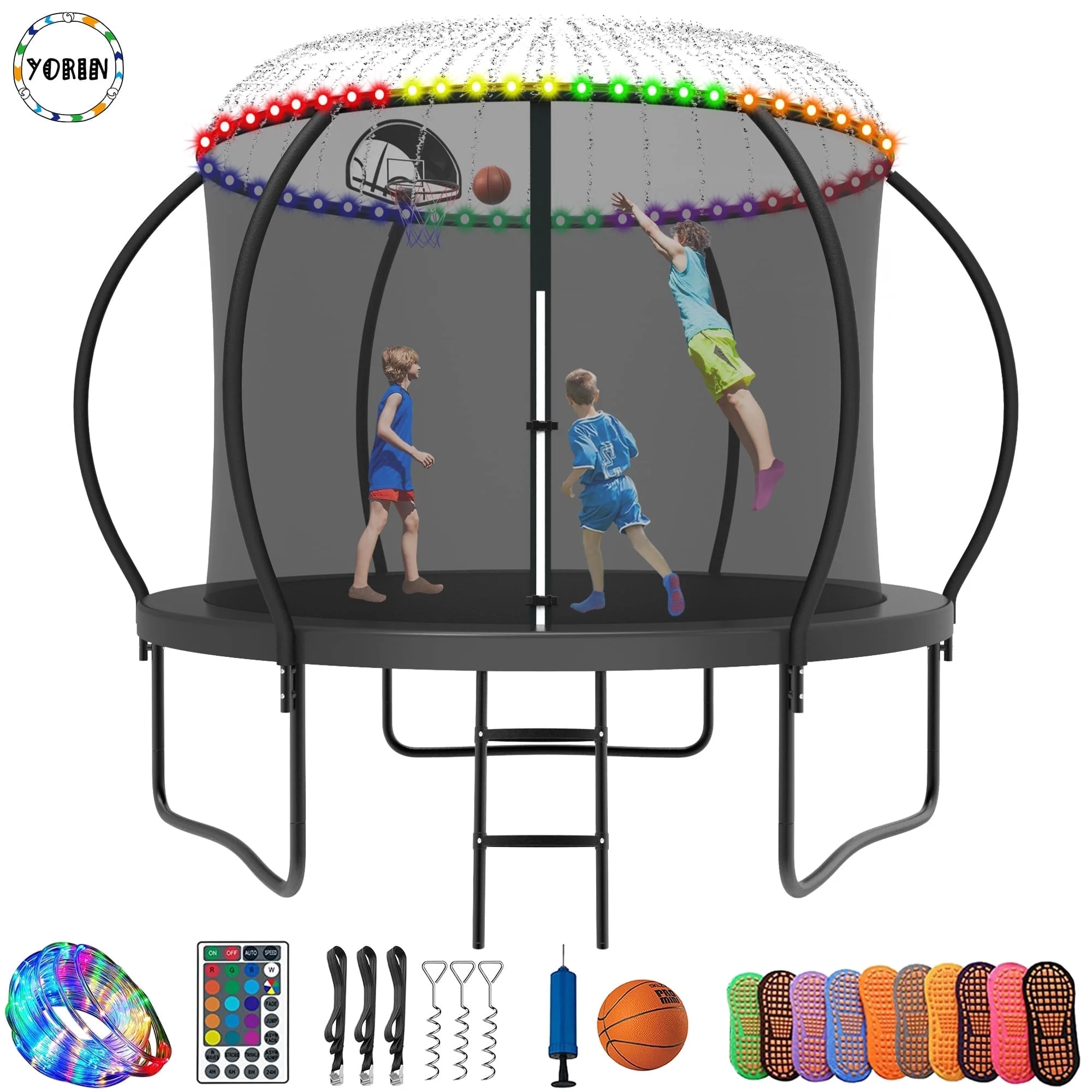 YORIN Trampoline for 2-3 Kids, 8FT 10FT Trampoline for Adults with Enclosure Net, Basketball Hoop, Ladder, 800LBS Outdoor Recreational Trampoline with Light, Sprinkler, Socks, Heavy Duty Trampoline - Womvr