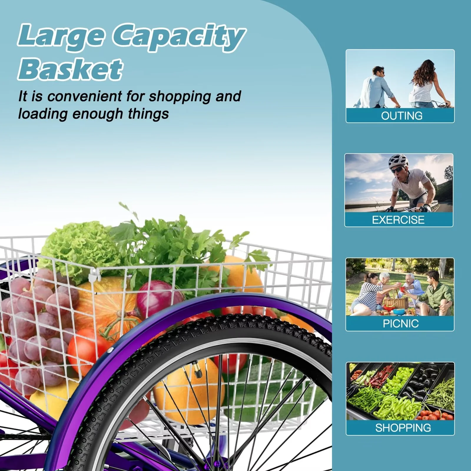 MOPHOTO 20/24/26 inch Adult Tricycle Folding 3 Wheel Cruiser Bikes 7 Speed, Portable and Foldable Trikes with Cargo Basket for Men & Women Outdoor Cycling, Purple - Womvr