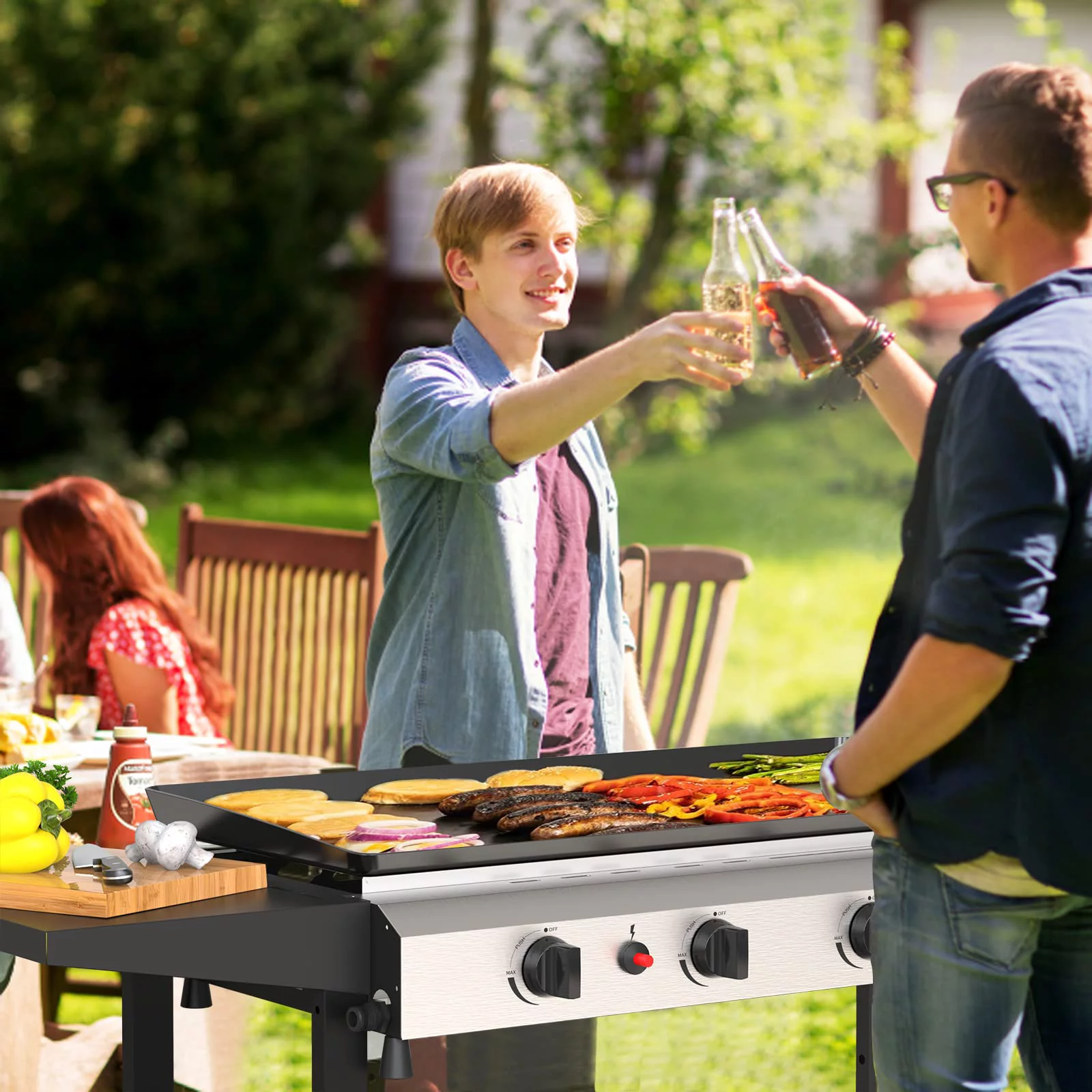 SKOK 3 Burner Gas Griddle-Outdoor Propane Griddle-BTU Propane Fuelled, Portable Flat Top Gas Grill Camping Griddle Station with Side Shelves for Kitchen - Womvr