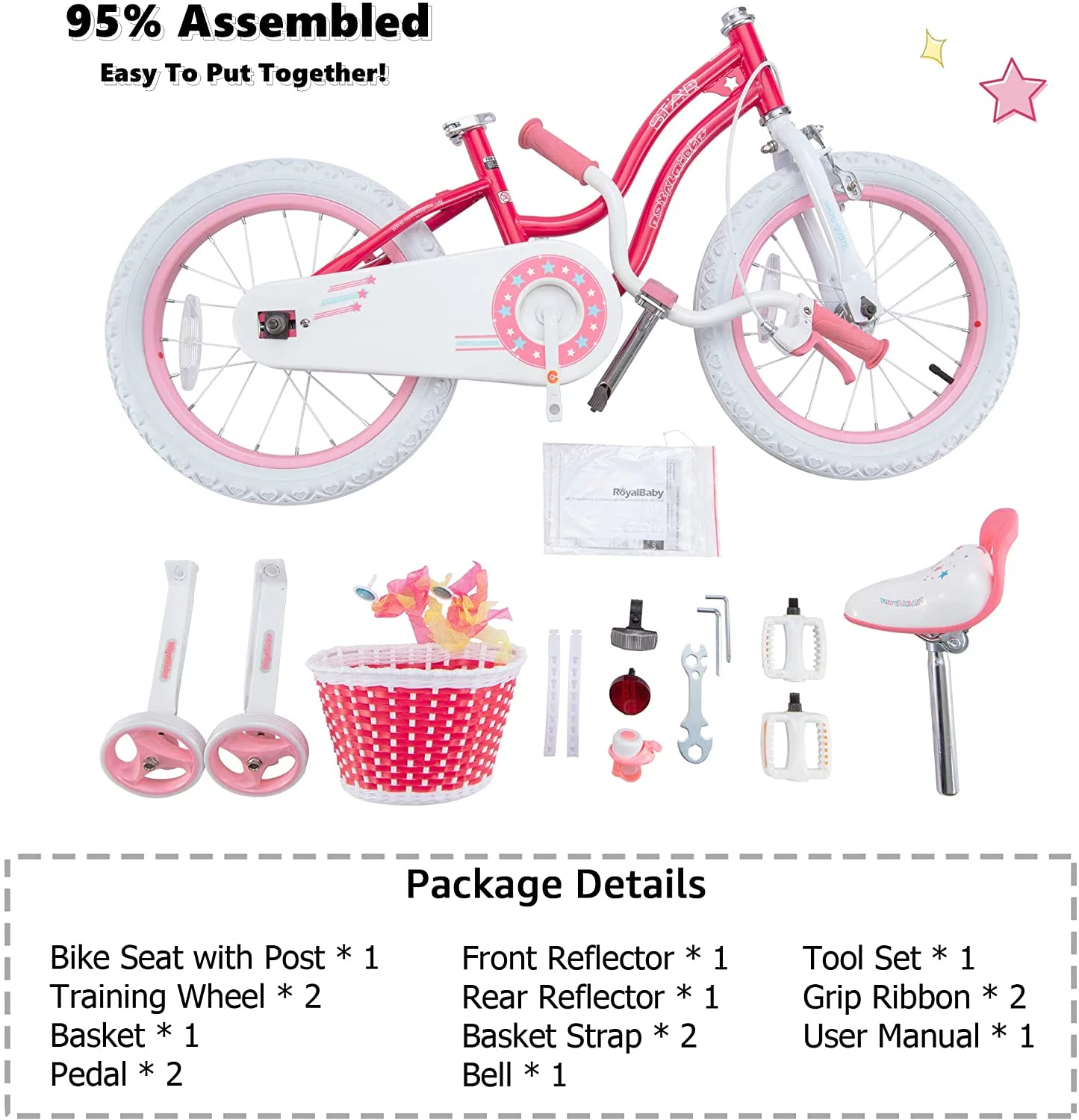 Royalbaby Girls Kids Bike Star Girl 12 In Bicycle Basket Training Wheels Blue Child's Cycle - Womvr