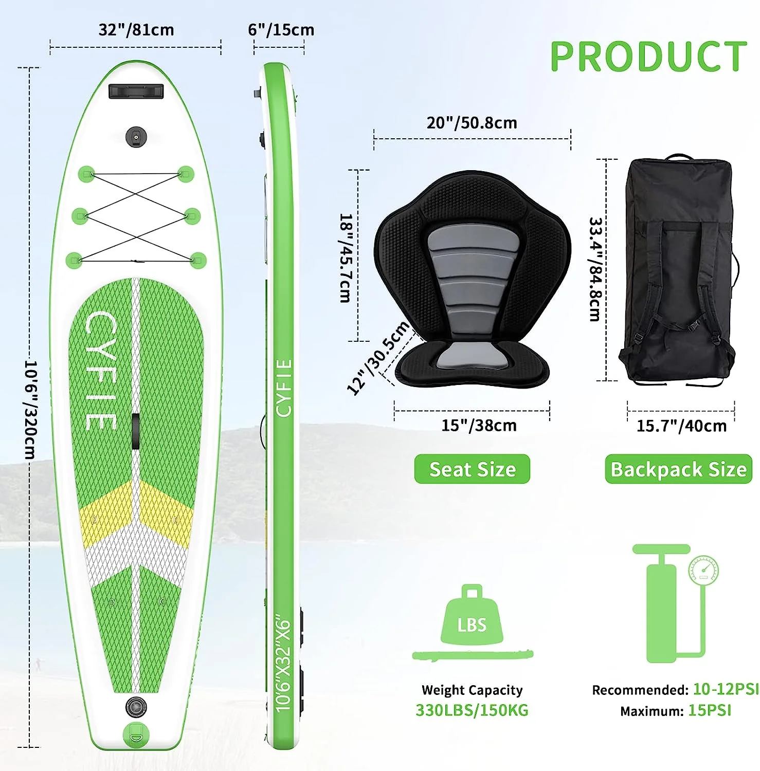 Paddle Board for Adult, Inflatable Surfboard Fishing Standup Cyfie Paddle Board 10.6 ft - Womvr