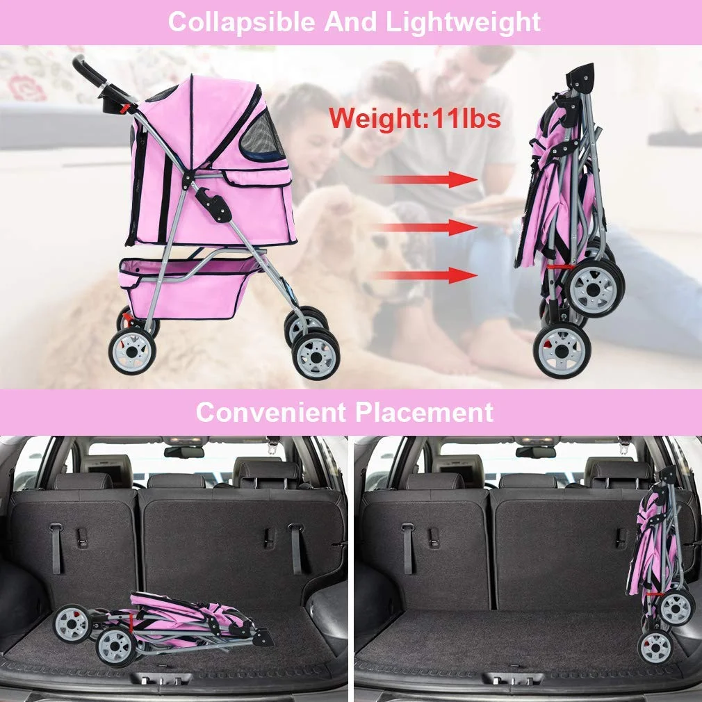4 Wheels Pet Stroller Foldable Dog Stroller Cat Stroller with Storage Basket & Removable Liner, Travel Lite Foldable Carrier Strolling Cart for Dogs Cats, Black - Womvr