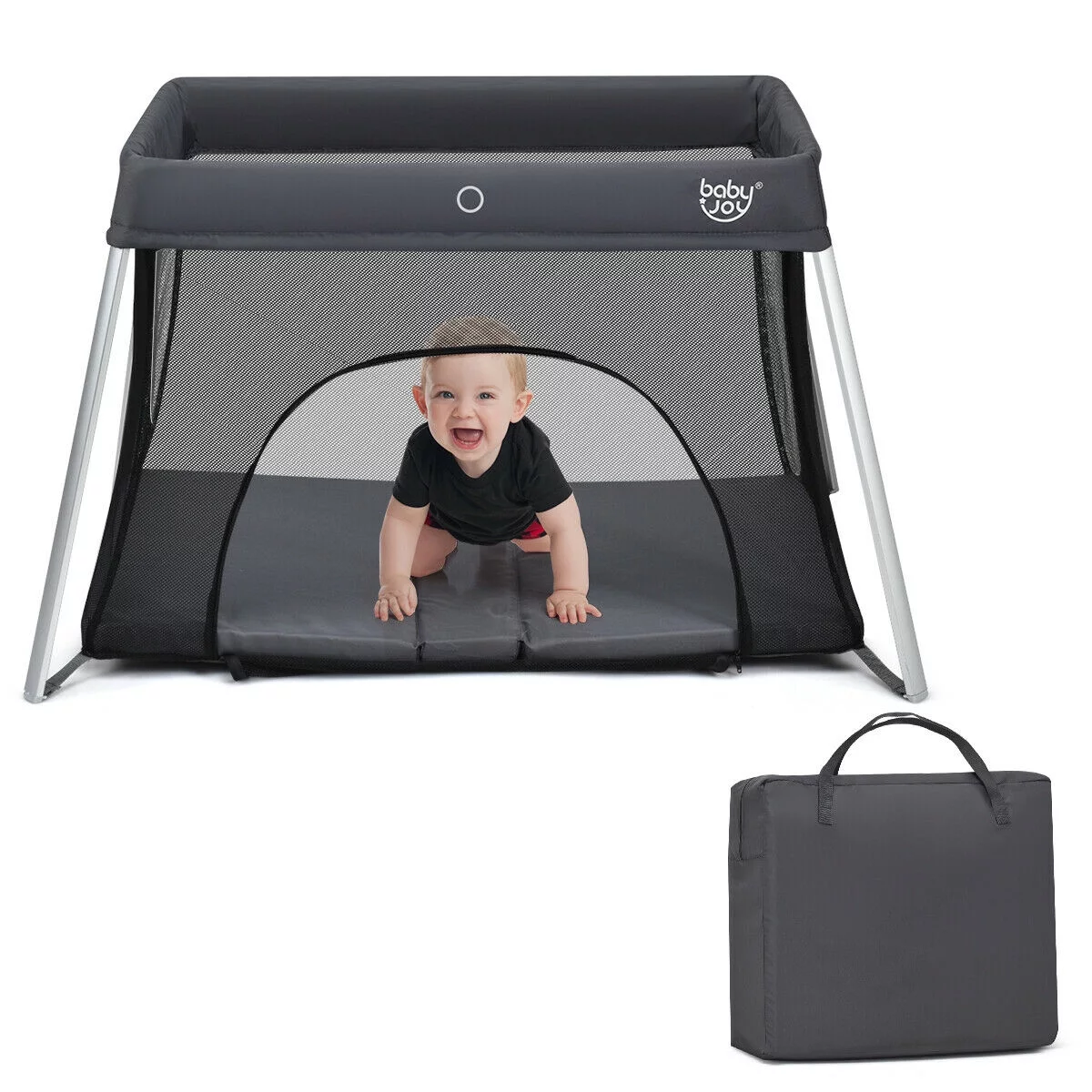 Gymax Foldable Baby Playpen Playard Lightweight Crib w/ Carry Bag For Infant Dark Gray - Womvr