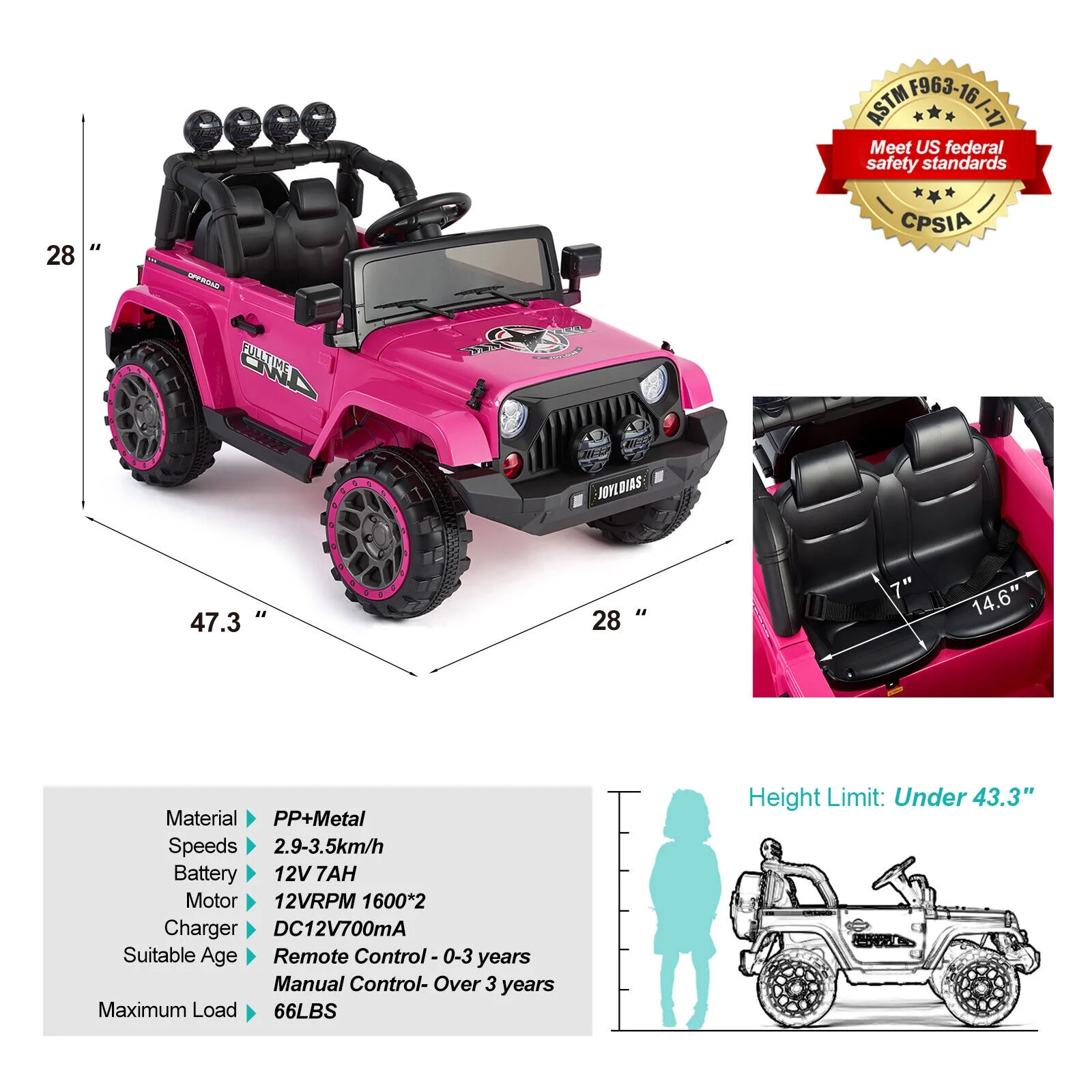 JOYLDIAS 12V Kids Ride on Truck Electric Car with DIY Stickers, Bluetooth, Remote Control, MP3 Player, LED Lights (Pink) - Womvr