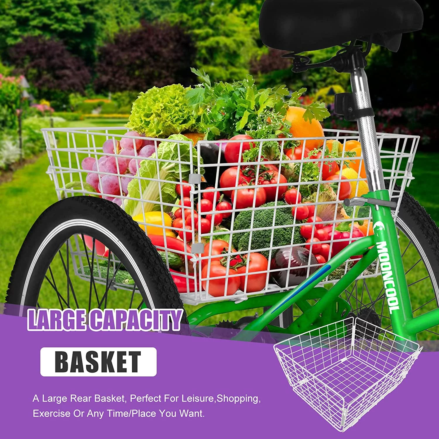 MOONCOOL Adult Folding Tricycle, 7 Speed 20/24/26 inch Adult Tricycles, Three Wheel Bike Cruiser Trike with Large Basket - Womvr