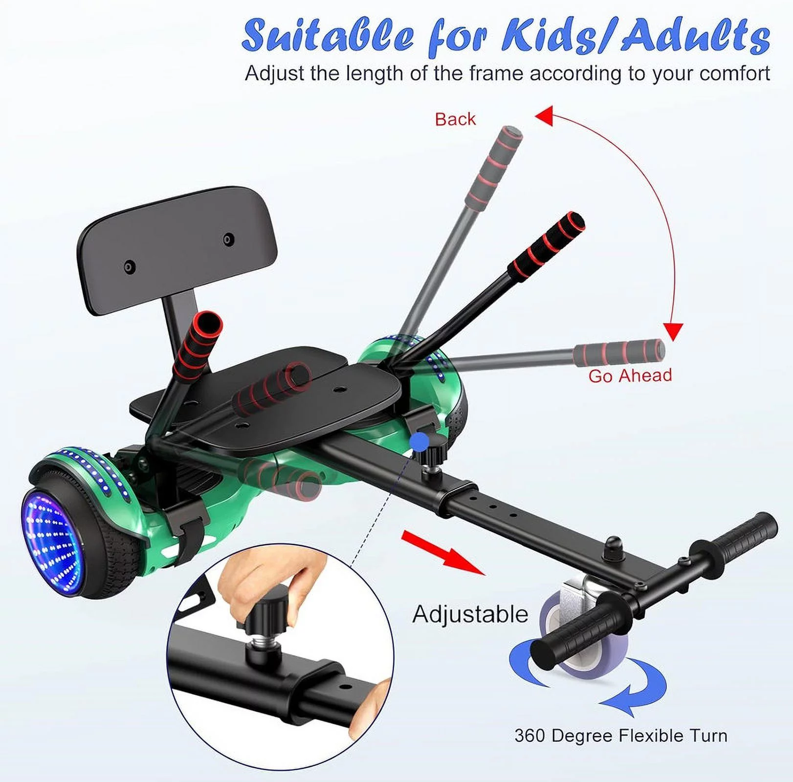 SISIGAD Hoverboard with Seat, 6.5 inch Hoverboard Go Kart Combo with Bluetooth Speaker & LED Lights for Kids Adults - Womvr