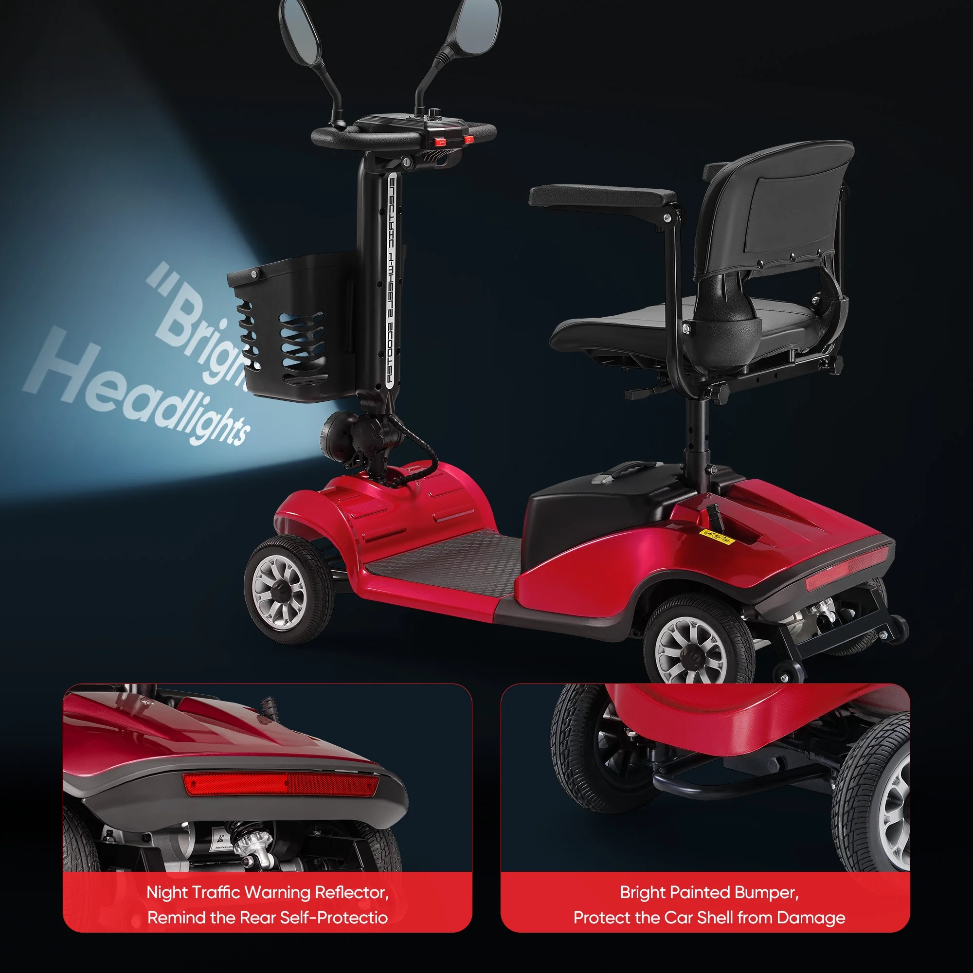 Furgle 4 Wheels Folding Travel Mobility Scooter, Electirc Wheelchair with Basket and Mirror, Best Gift for Seniors, Adult, Red - Womvr