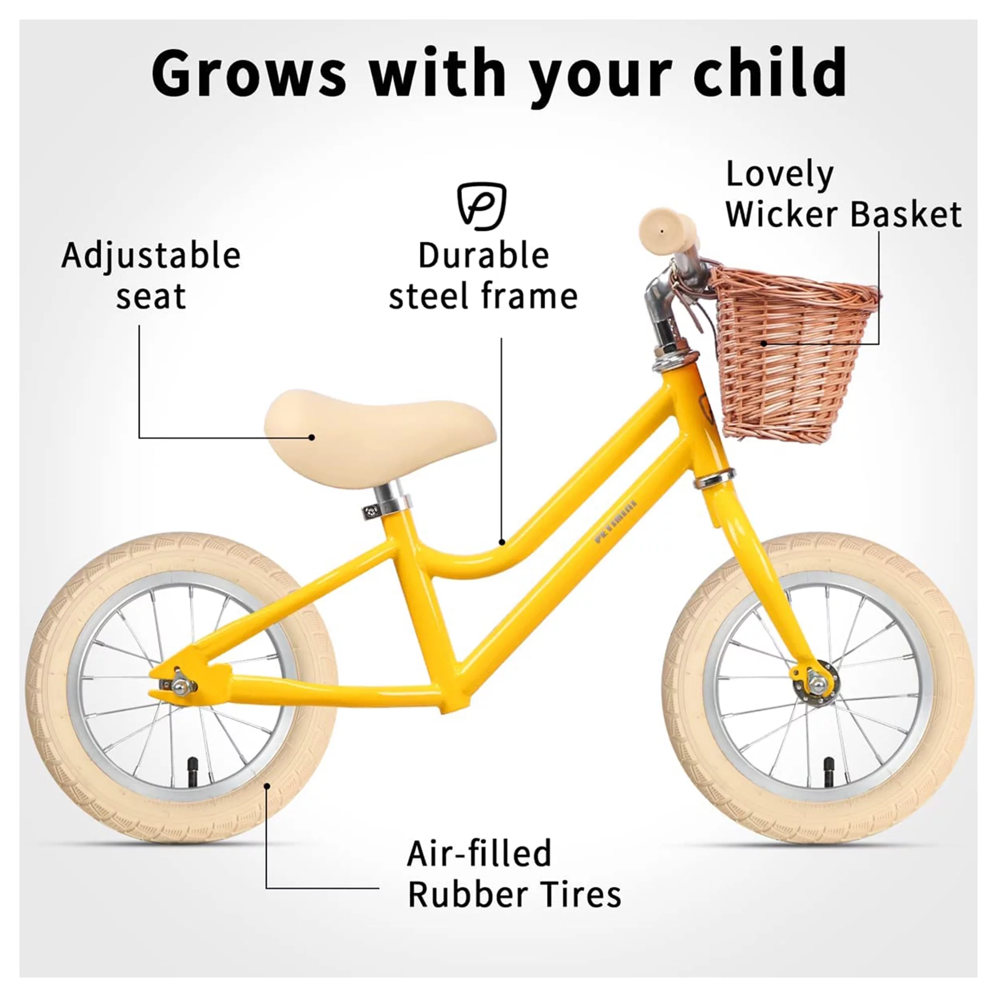 Petimini 12 Inch Kids Balance Bike with Basket for 2-6 Year Olds, Peach - Womvr
