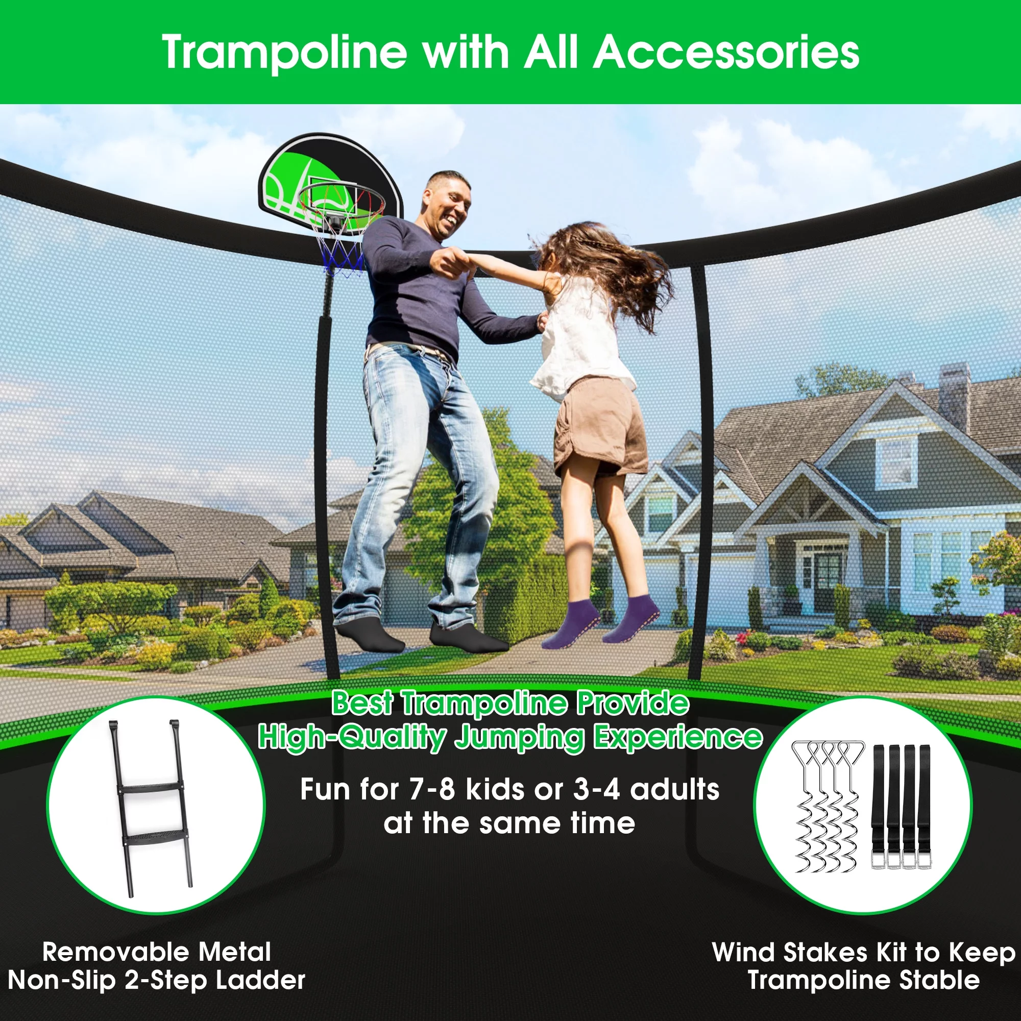 Kumix Trampoline for Adults and 5-6 Kids, 12FT 14FT Trampoline with Enclosure, Basketball Hoop, Light, Sprinkler, Socks, Wind Stakes, 1200LBS Outdoor Heavy Duty Galvanized Full Spray Trampoline, Blue - Womvr