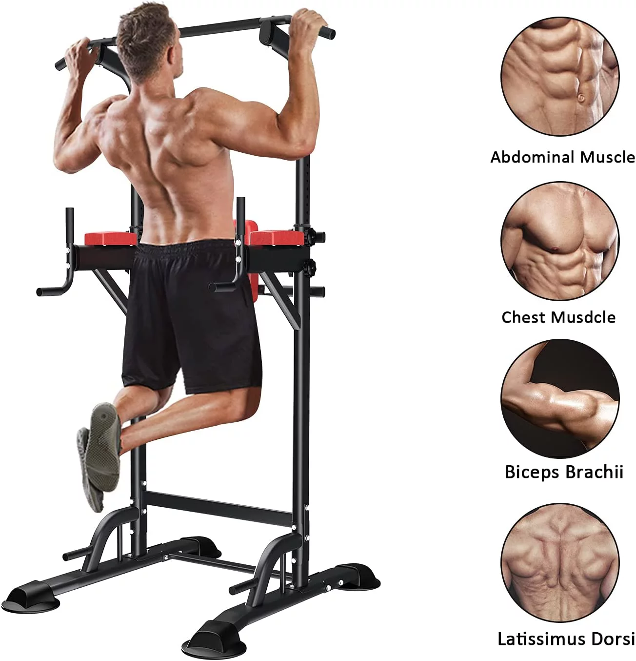 Wesfital Power Tower Dip Station, Pull Up Bar Stand Height Adjustable Strength Training Equipment for Fitness Home Workout, Red/Black - Womvr