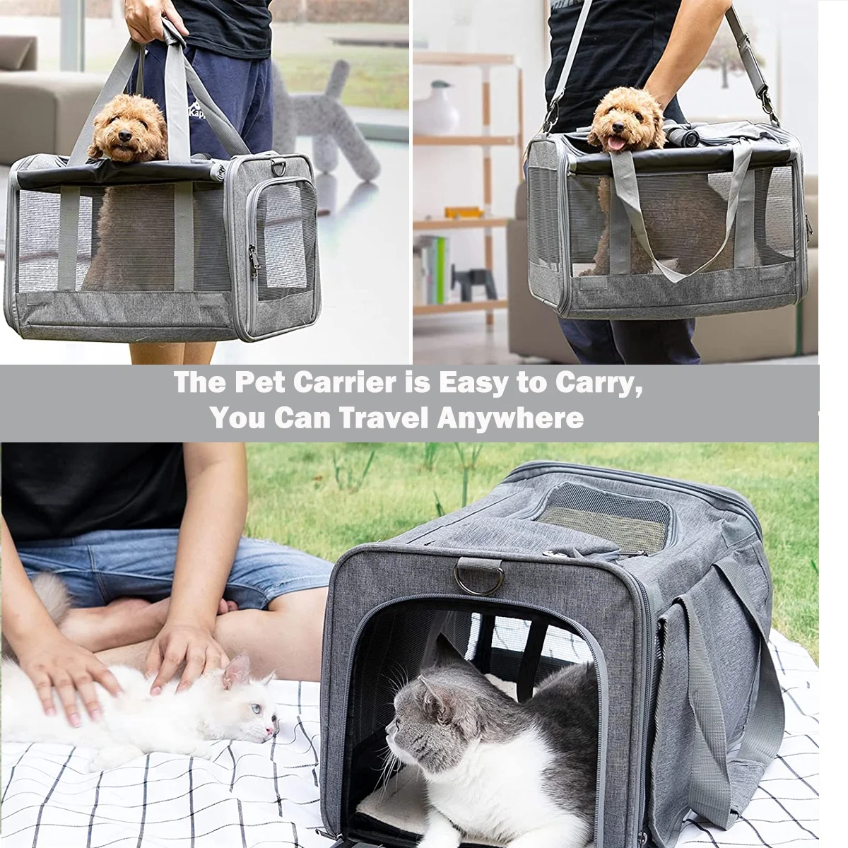 Cat Carrier, Soft Sided Cat Carriers for Large Small Medium Dogs Cats Under 25lbs, Foldable Pet Travel Carrier with a Bowl/Washable Pad, TSA Airline Approved, Blue - Womvr