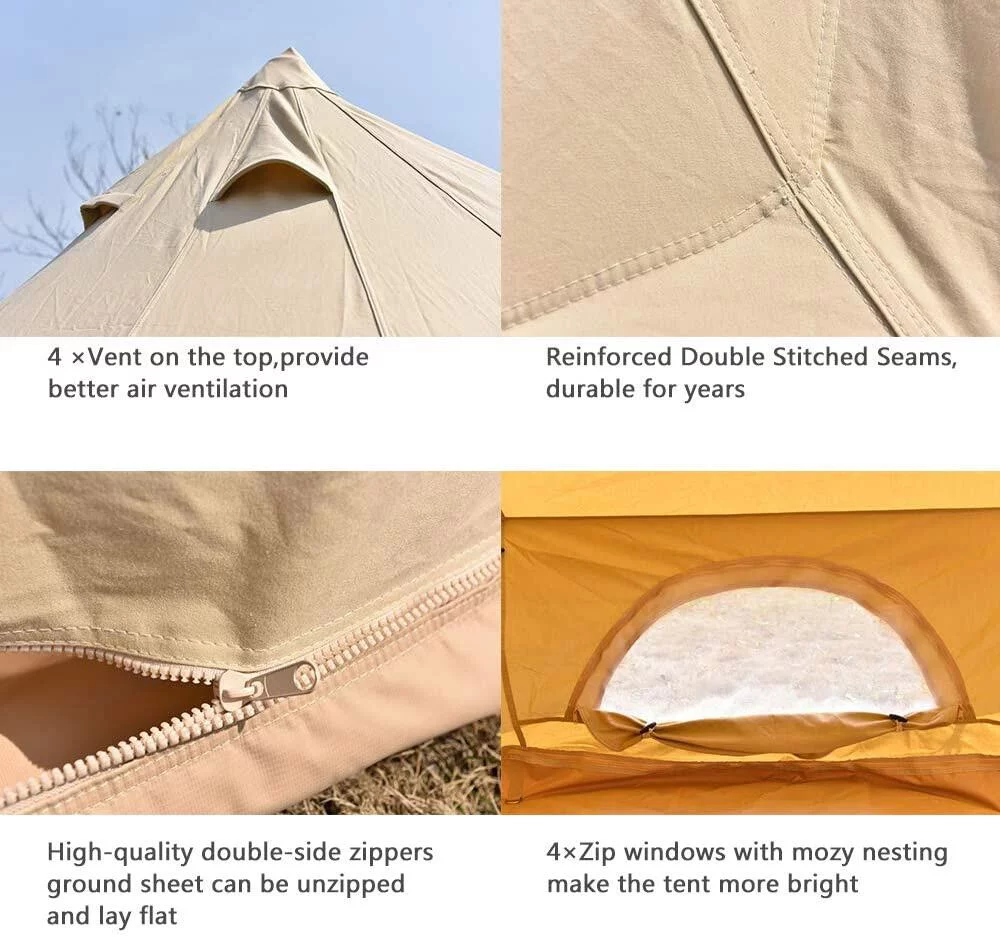 Teepee Tent Outdoor Waterproof 4-Season Family Camping Cotton Canvas Yurt Tent 4M/13.1ft Bell Tent With Stove Hole (Side Wall), For Family Glamping - Womvr