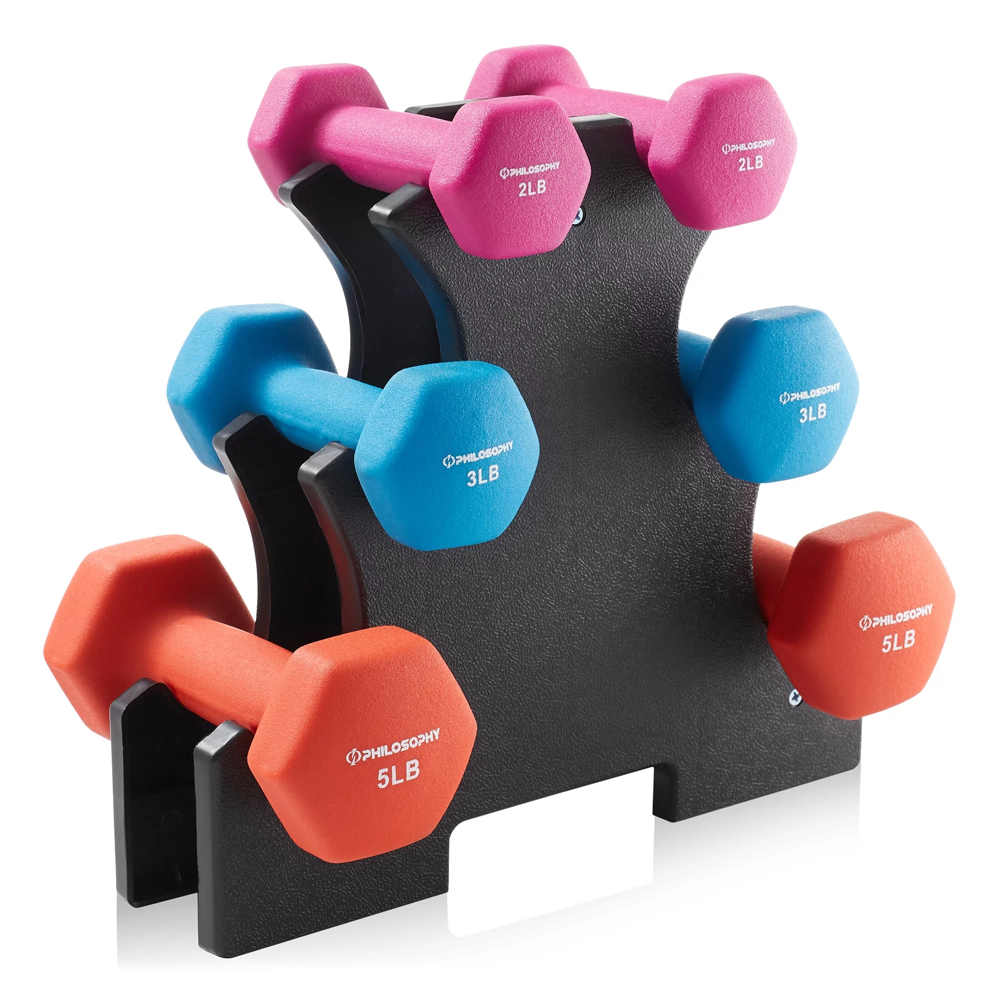 Philosophy Gym Neoprene Dumbbell Hand Weight with Stand, 20 Lbs. (2 Lb., 3 Lb., 5 Lb. Pairs) - Womvr