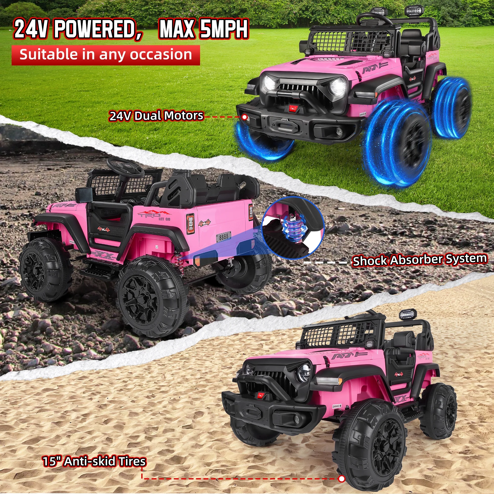 Wisairt 24V Kids Ride on Truck, 2 Seater Powered Ride on Car w/ Remote Control and Storage Space, 3 Speeds, Bluetooth, LED Lights (Black) - Womvr