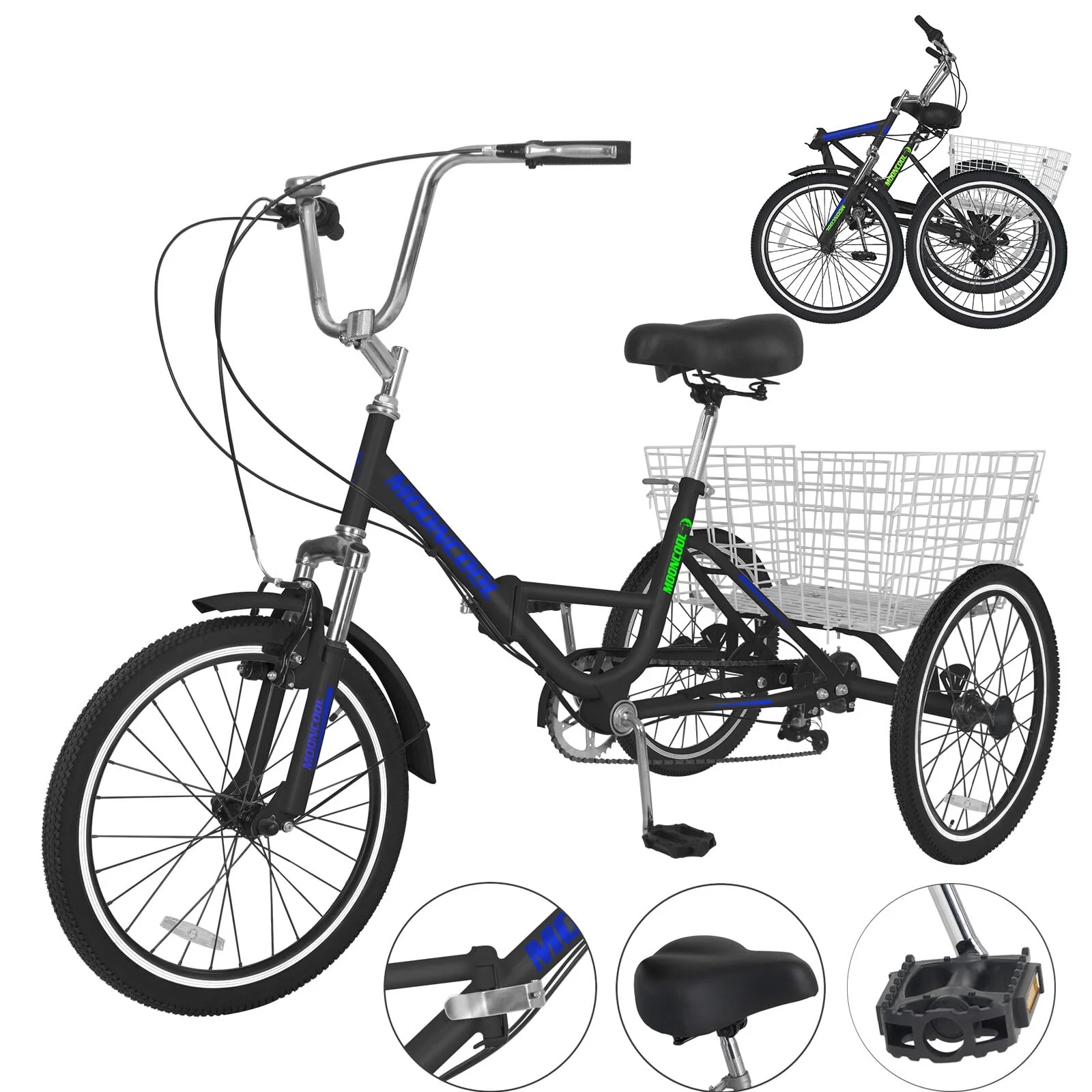 MOPHOTO 20/24/26 inch Adult Tricycle Folding 3 Wheel Cruiser Bikes 7 Speed, Portable and Foldable Trikes with Cargo Basket for Men & Women Outdoor Cycling, Purple - Womvr