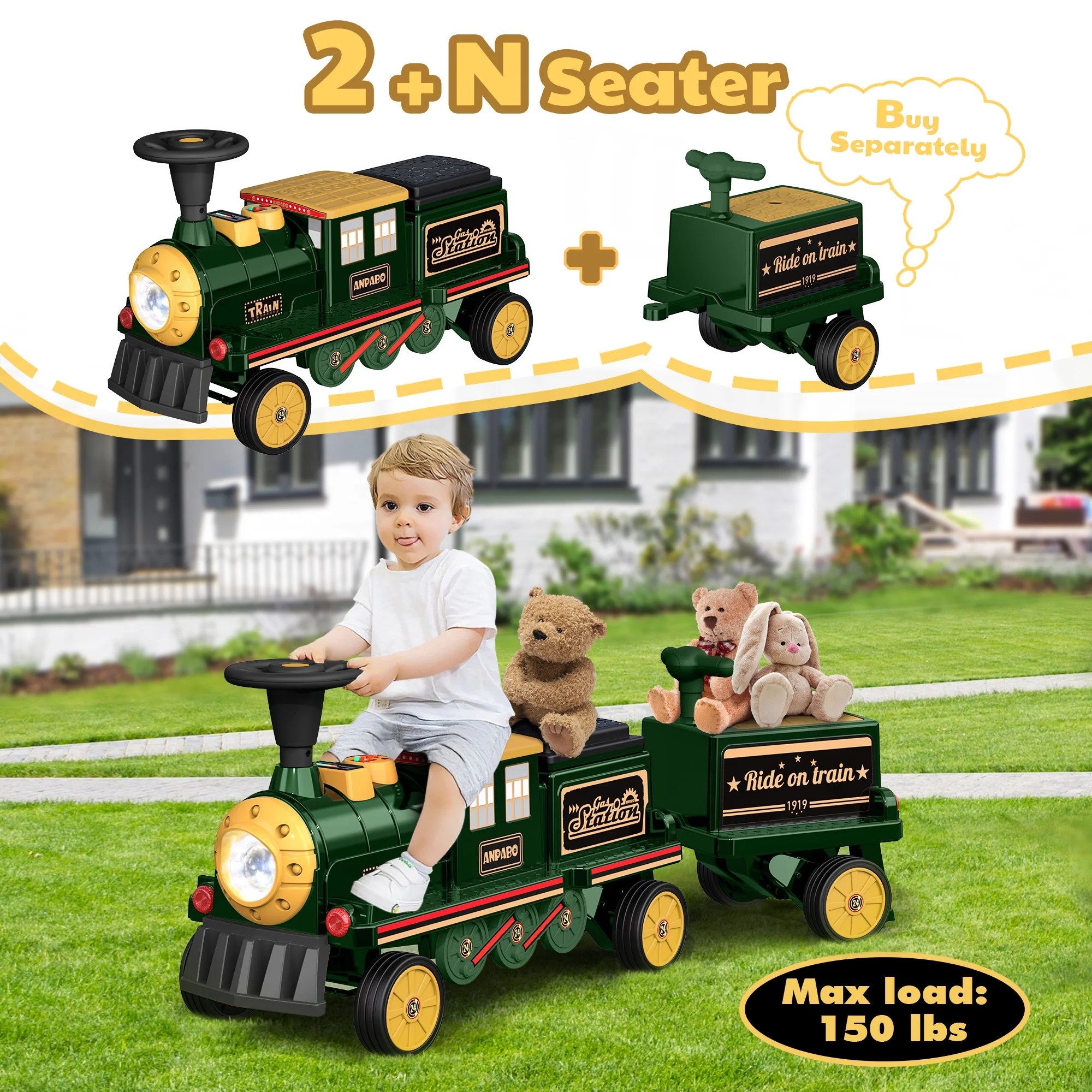 TOKTOO 12Volt 2 Seater Kids Ride on Train W/ Rubber Wheels, Storage Box, LED Headlight, Music Player-Black Red - Womvr