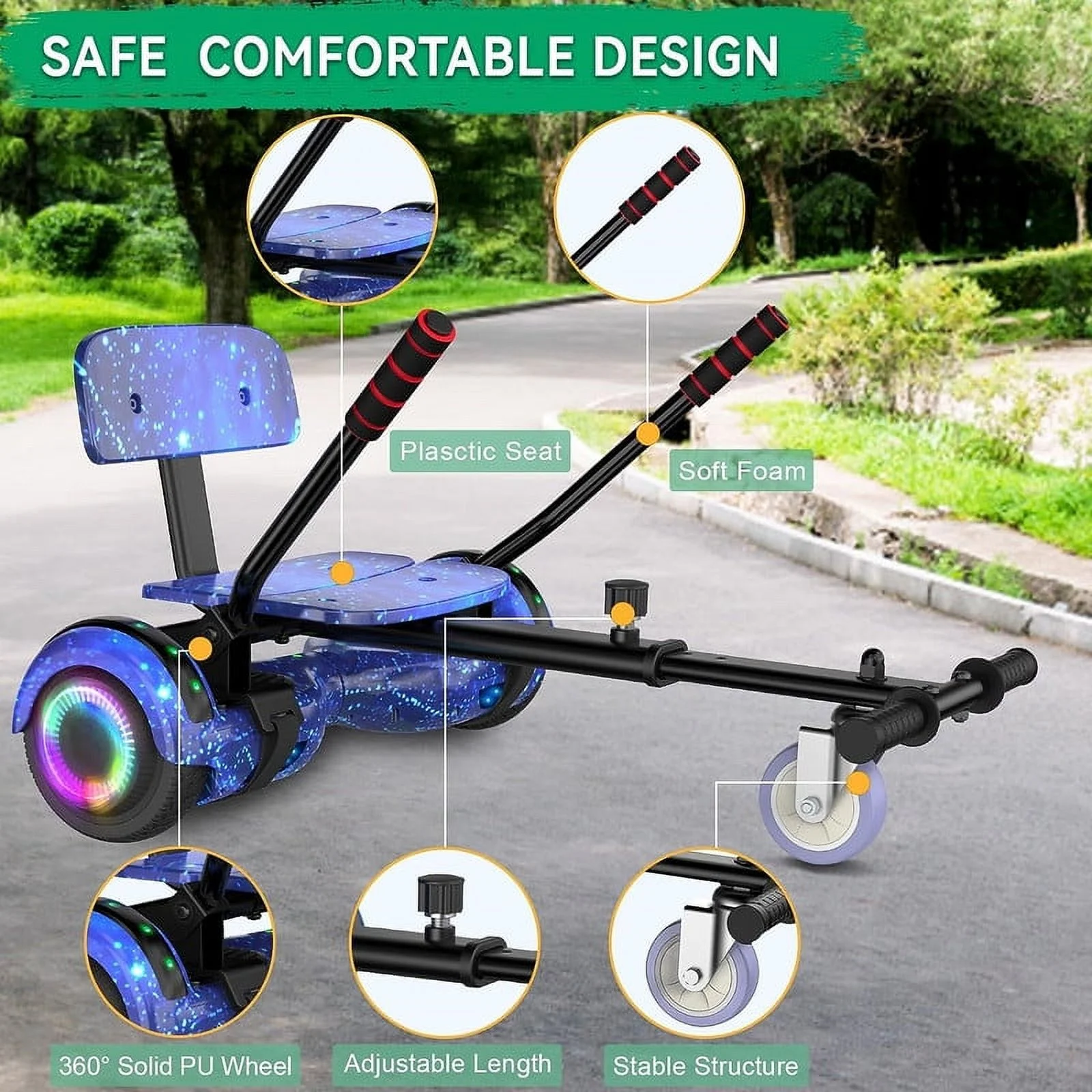 SISIGAD Hoverboard with Seat, 6.5 inch Hoverboard Go Kart Combo with Bluetooth Speaker & LED Lights for Kids Adults - Womvr