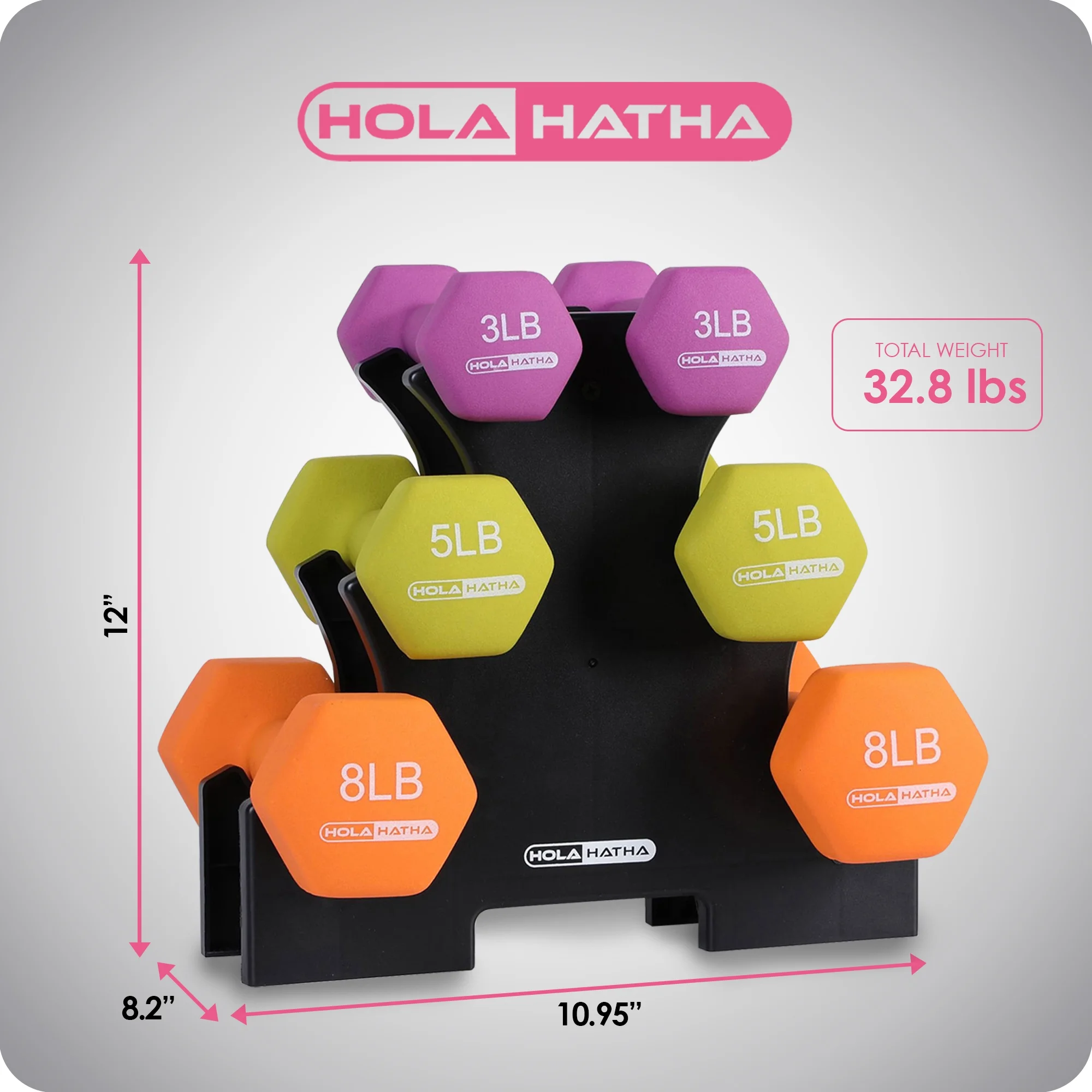 HolaHatha 3, 5, and 8 Pound Dumbbell Hand Weight Set with Storage Rack, Multi - Womvr