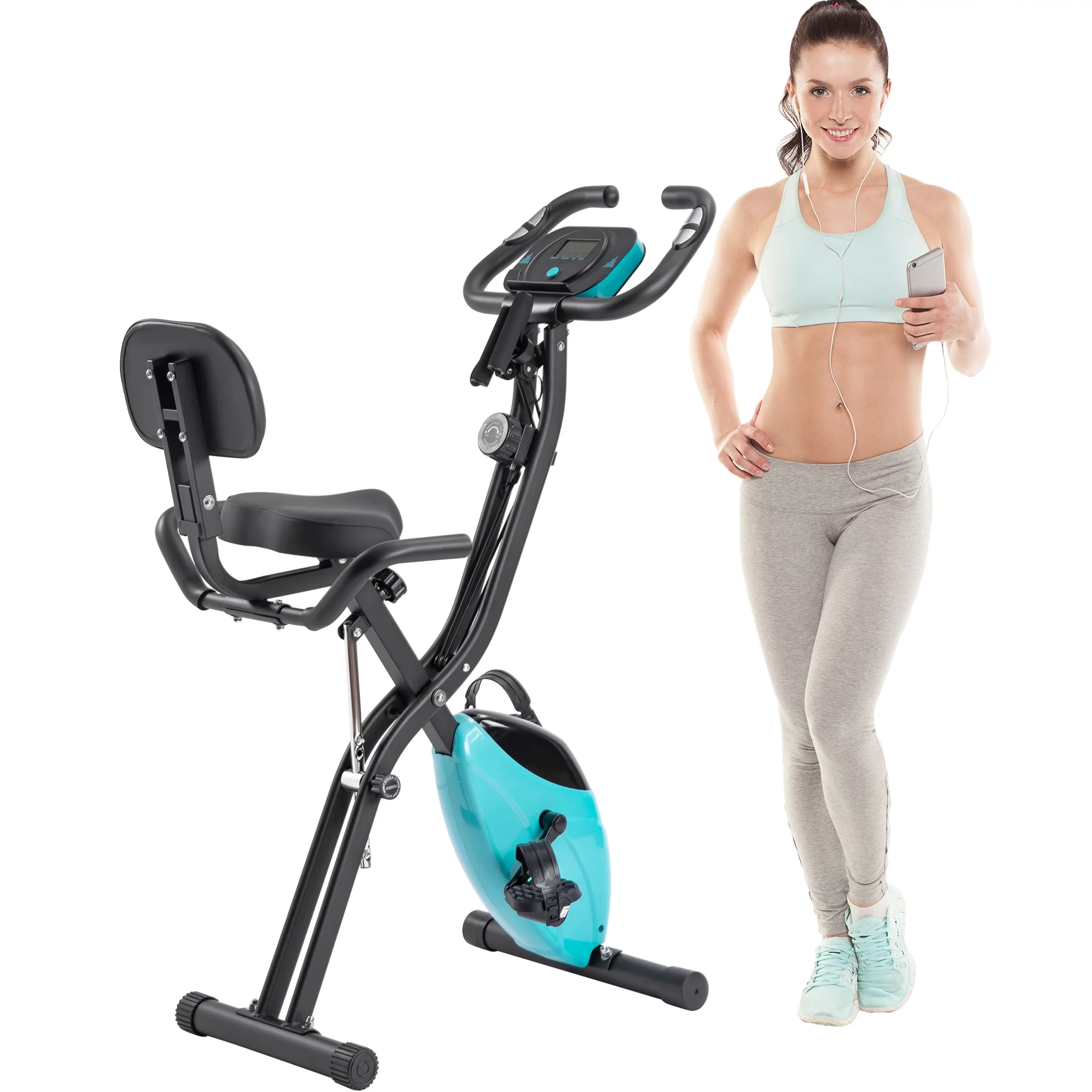 Folding Exercise Bike, Fitness Upright and Recumbent X-Bike with 10-Level Adjustable Resistance, Arm Bands and Backrest - Womvr