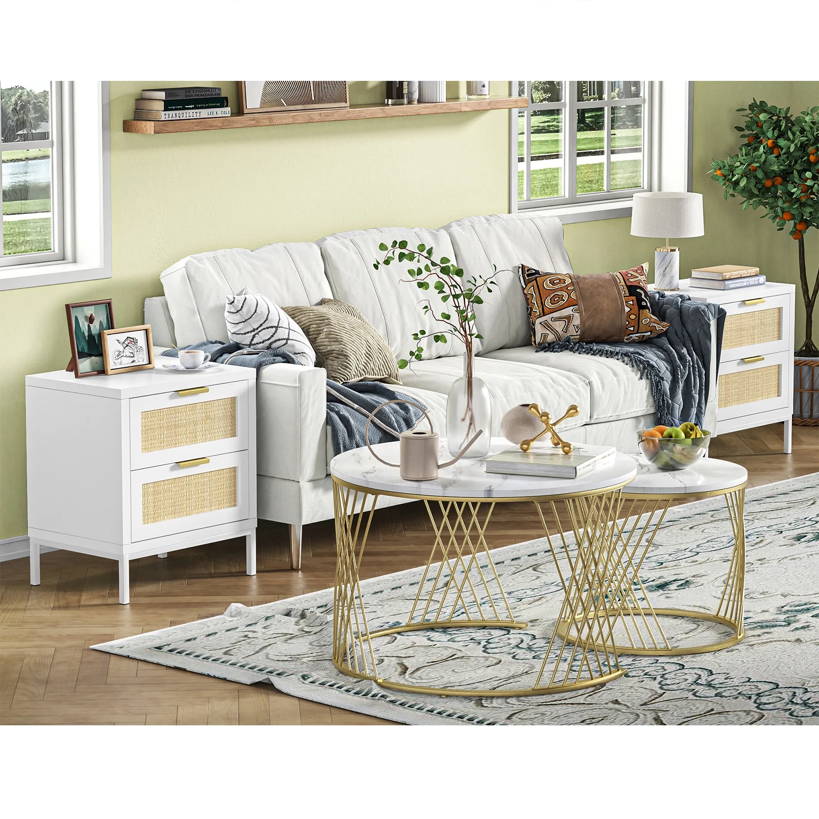 Eumyviv Modern Farmhouse Nightstands with 2 Rattan Drawer,Wood Bedside Table Storage Cabinet for Bedroom, Living Room,Natural Oak H0021 - Womvr
