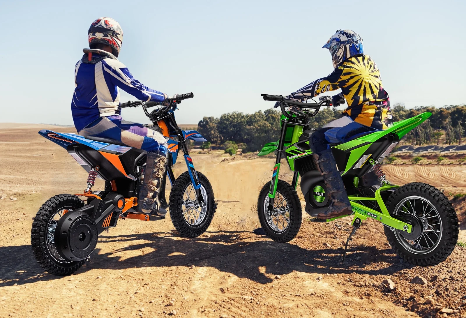 Wisairt 24V Dirt Electric Ride on Motocross Bike for Kids and Teens 13+ Between 40 and 140 lbs(Blue & Orange) - Womvr