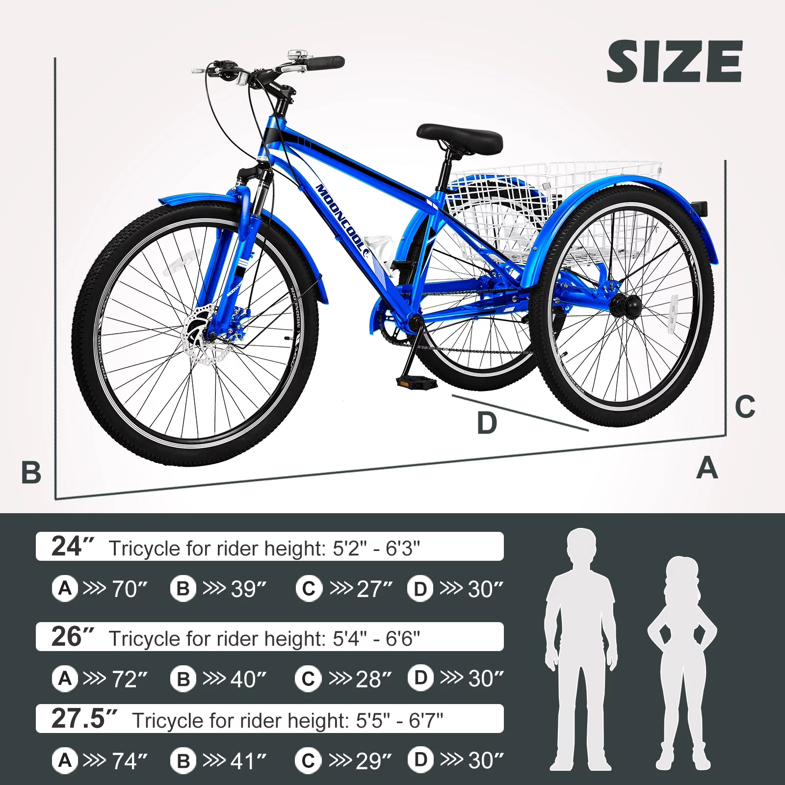 Lilypelle Adult Tricycle,26 Inch Mountain Tricycle with Baskets, 3 Wheel Adult Cruiser Bikes, 7 Speed Trikes,Blue - Womvr